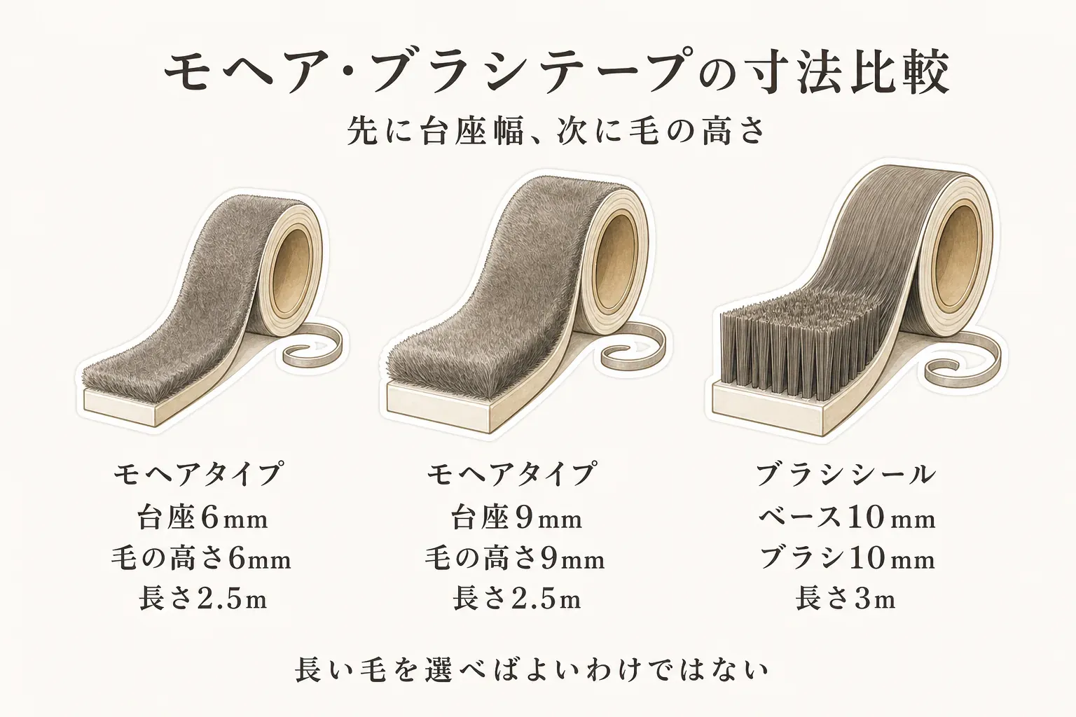 モヘアタイプの台座幅6mm・毛の高さ6mm・長さ2.5m、台座幅9mm・毛の高さ9mm・長さ2.5m、ブラシシールのベース幅10mm・ブラシ長10mm・長さ3mを並べ、先に台座幅、次に毛の高さを確認することを示した比較図