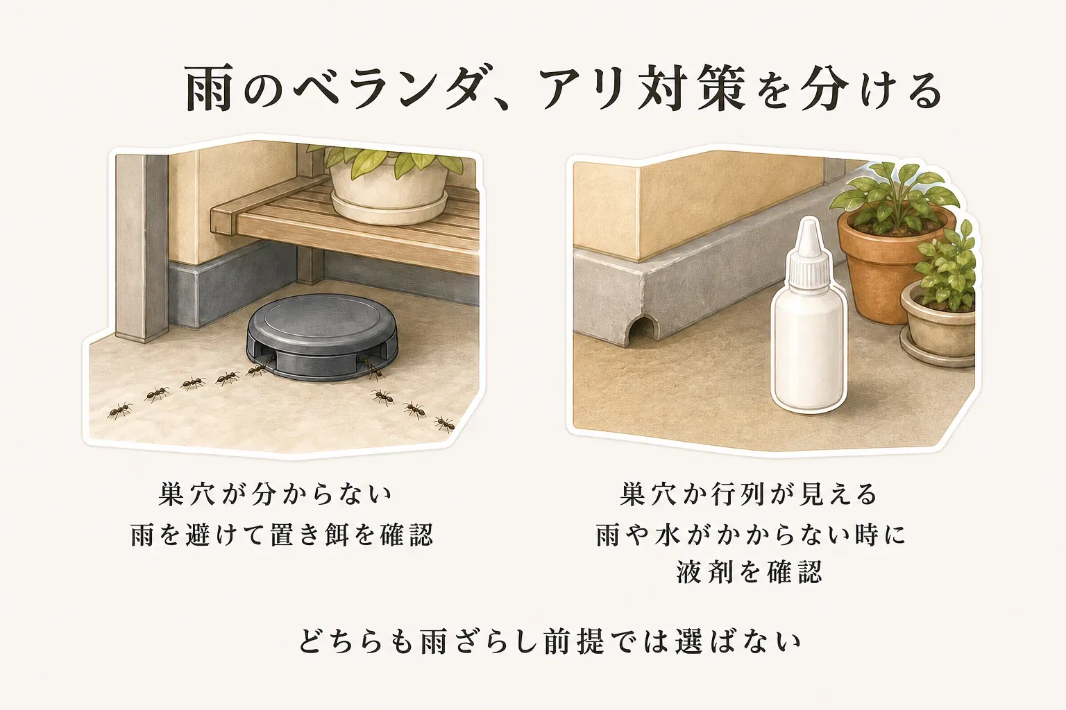秋のベランダでアリ用毒餌と駆除液剤を選ぶ分岐図。巣穴や行列が見えず、直接雨や水やりを避けて設置できる場合はアリ用毒餌を選び、巣穴や行列が見えて散布後に雨や水がかからない場合はアリ駆除液剤を選ぶことを示している