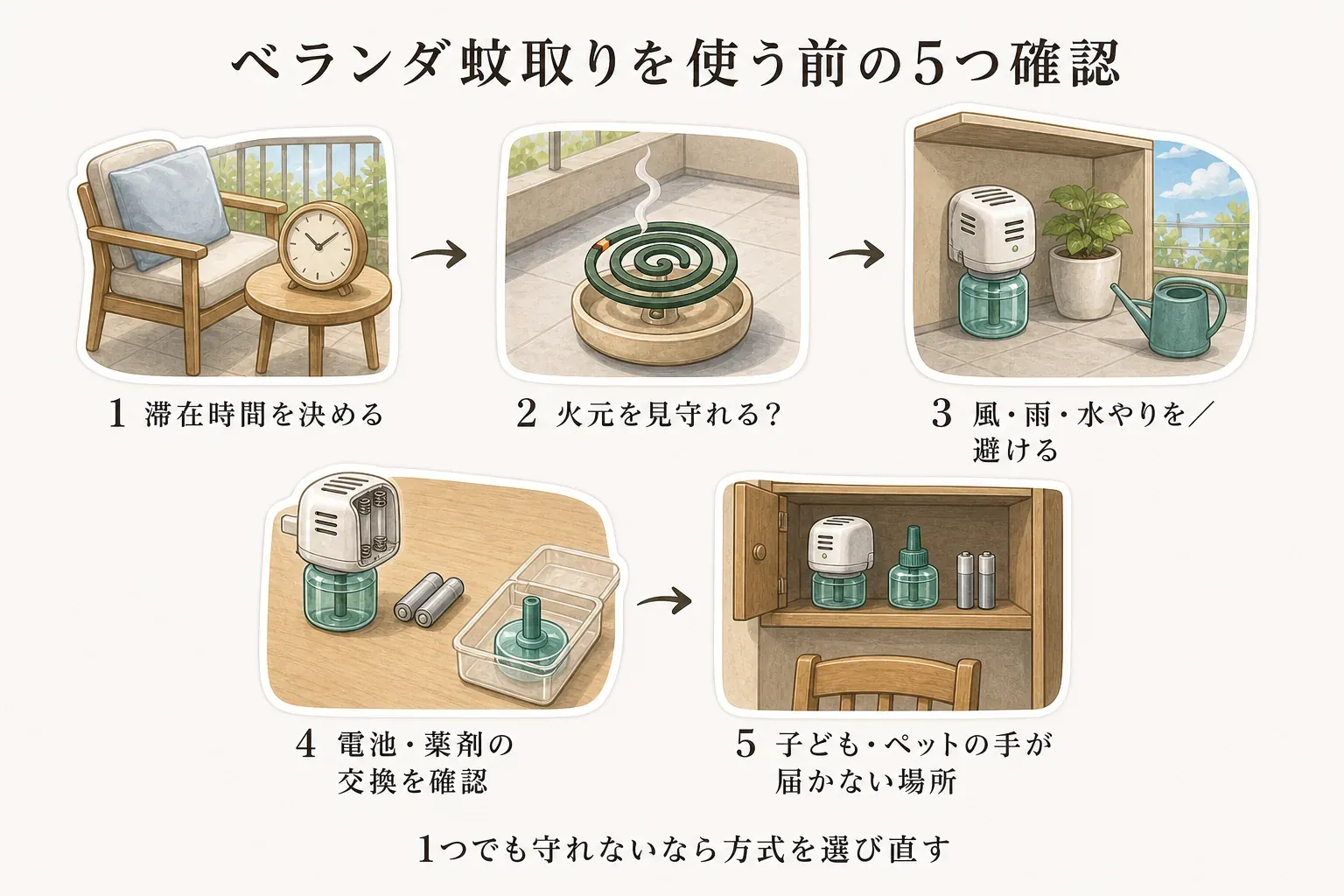ベランダで蚊取りを使う前の5つの確認を示す図。滞在時間を決める、蚊取り線香の火元を見守れるか、風・雨・水やりを避けられるか、電池式の電池と薬剤の交換を確認する、子どもやペットの手が届かない場所に置く、の順に描いている