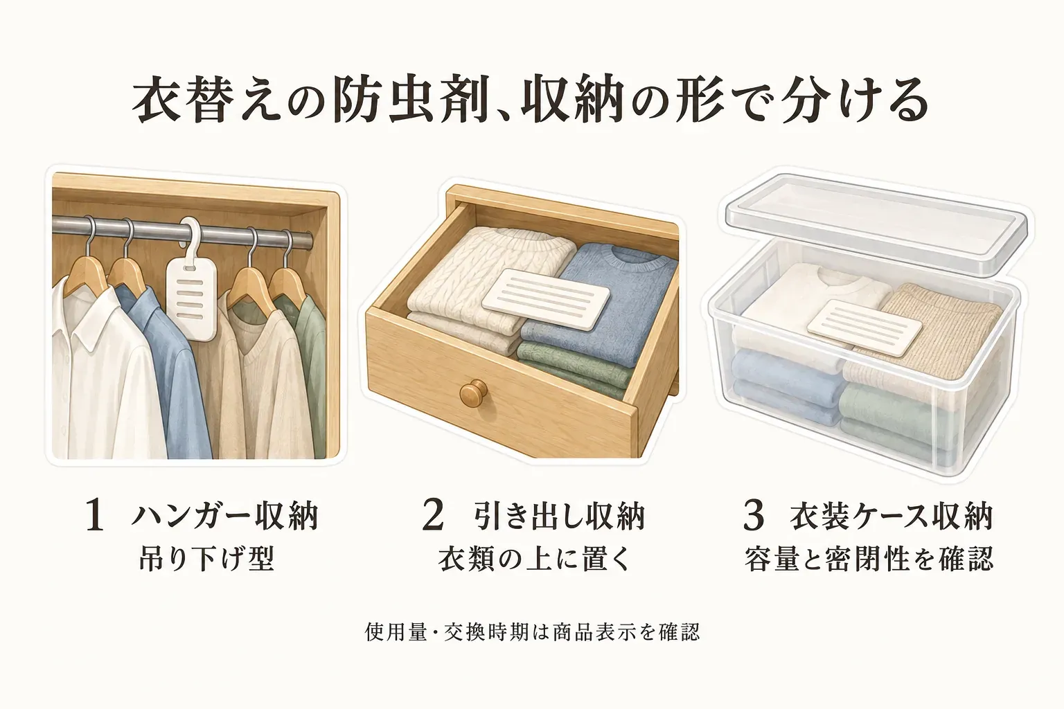 衣替えの防虫剤を収納の形で分ける図。ハンガー収納は吊り下げ型、引き出し収納は衣類の上に置く防虫剤、衣装ケース収納は容量と密閉性を確認して衣類の上に置く防虫剤を選び、使用量と交換時期は商品表示で確認することを示している
