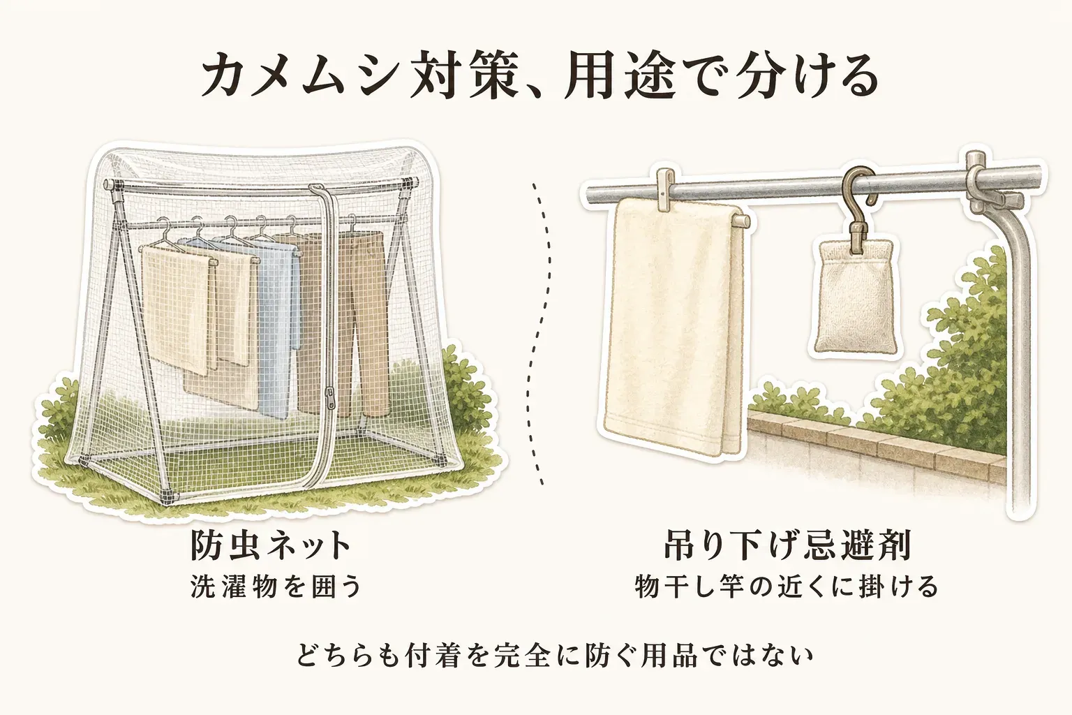 秋の洗濯物のカメムシ対策の役割を比べる図。防虫ネットは干した洗濯物を囲い、吊り下げ忌避剤は物干し竿で洗濯物などの近くに掛けることを描いている。どちらもカメムシの付着を完全に防ぐ用品ではない
