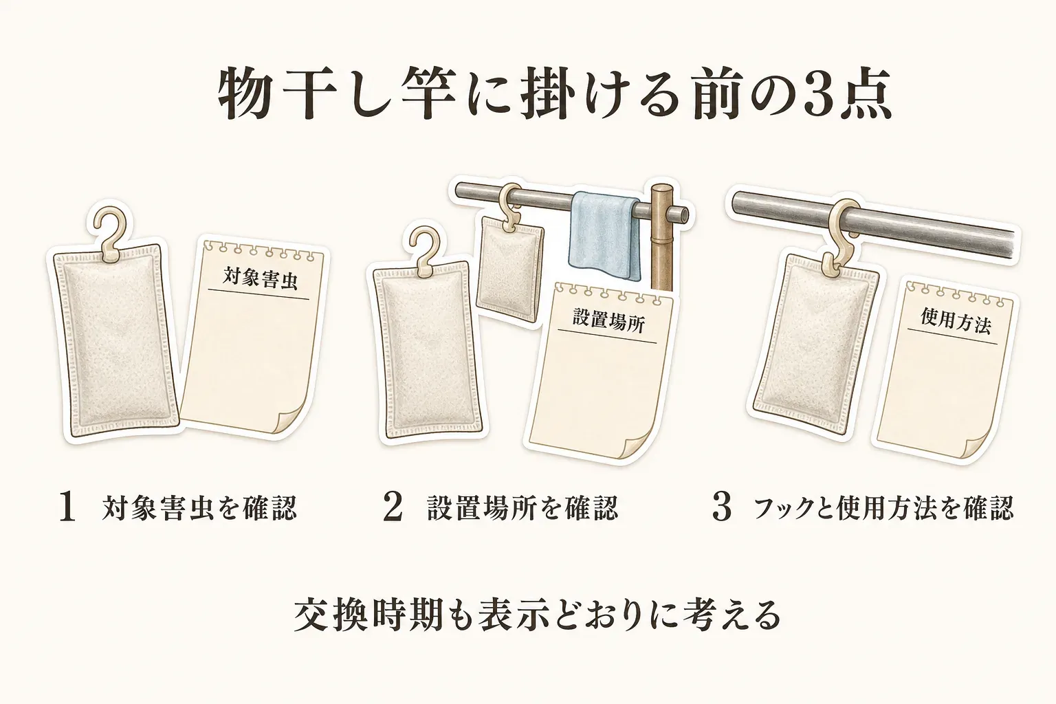 洗濯物などの近くに吊り下げるカメムシ忌避剤を使う前の3点確認を示す図。対象害虫、洗濯物の近くなどの設置場所、フックの有無と使用方法を確認し、交換時期も表示どおりに考えることを描いている