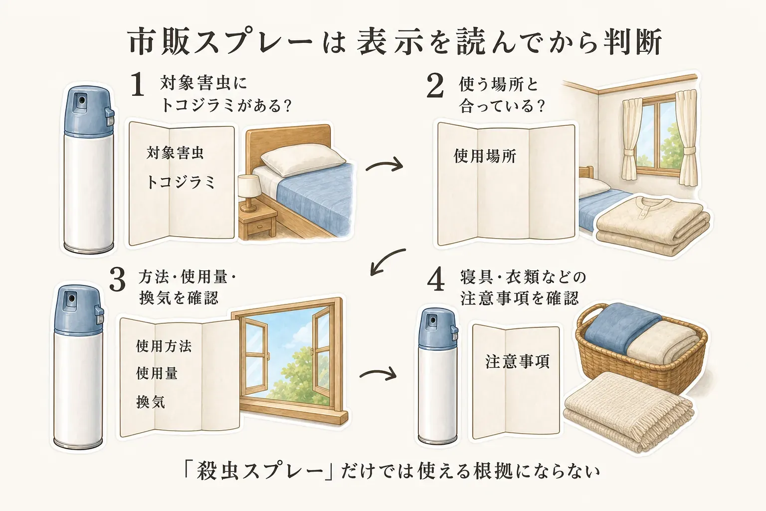 トコジラミ用市販スプレーを使う前の表示確認項目を示す図。対象害虫にトコジラミの記載があること、成分、使える場所、使用方法と使用量、換気や寝具・衣類・子ども用品に触れさせない注意事項を確認し、表示どおりに使えない場合や痕跡が続く場合は専門業者へ相談することを描いている
