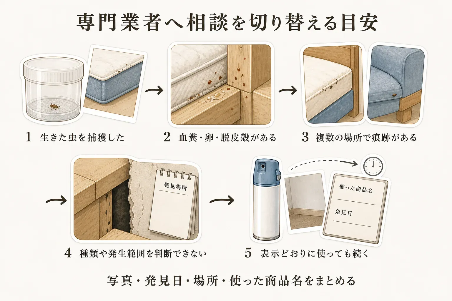トコジラミ対策を専門業者へ相談する切り替え目安を示す図。生きた虫の捕獲、血糞・卵・脱皮殻の発見、複数の場所での痕跡、発生範囲や虫の種類を判断できない場合、市販品を表示どおりに使っても続く場合を相談の目安として描いている。相談時には写真、発見日と場所、トラップの結果、使用した商品名をまとめる