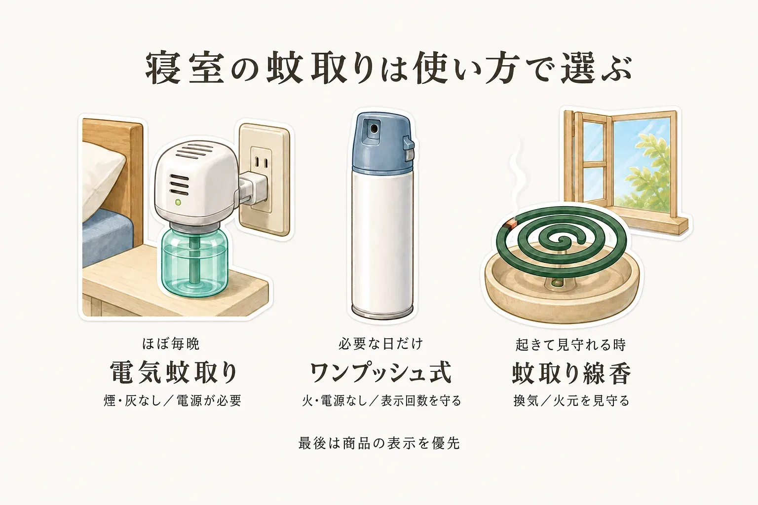 寝室の蚊取りを、ほぼ毎晩使う電気蚊取り、必要な日だけ使うワンプッシュ式、起きて火元を見守れるときの蚊取り線香に分け、煙・灰・電源・換気などの選択基準を示した図