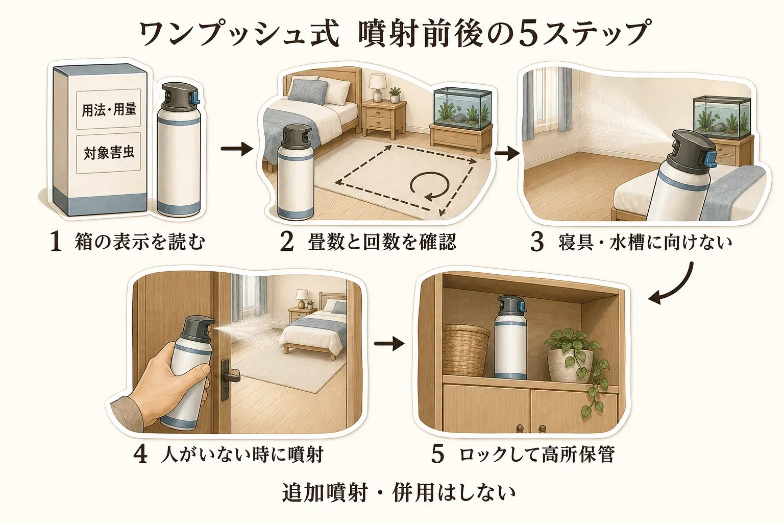 ワンプッシュ式蚊取りの噴射前後の5ステップとして、箱の用法・用量と対象害虫を読む、畳数と回数を確認する、寝具や水槽に向けない、人がいないときに噴射する、ロックして高所に保管する手順を示した図