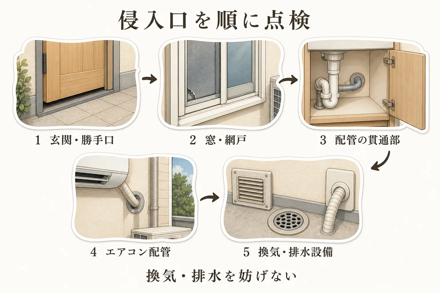 ゴキブリの侵入口を、玄関・勝手口、窓・網戸、配管の貫通部、エアコン配管、換気・排水設備の順に点検し、換気や排水を妨げないようにする流れを示した図
