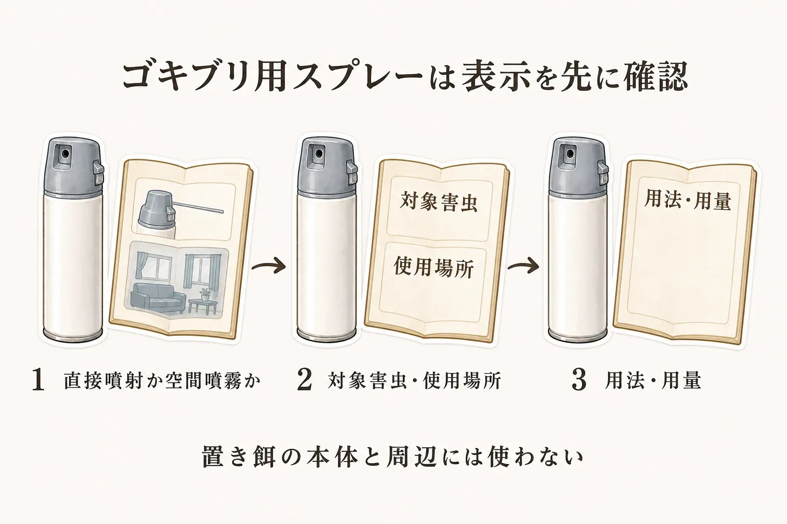 ゴキブリ用スプレーの表示確認を示す図。直接噴射か空間噴霧かを見分け、対象害虫・使用場所、用法・用量を順に確認し、置き餌の本体と周辺には使わないことを示している