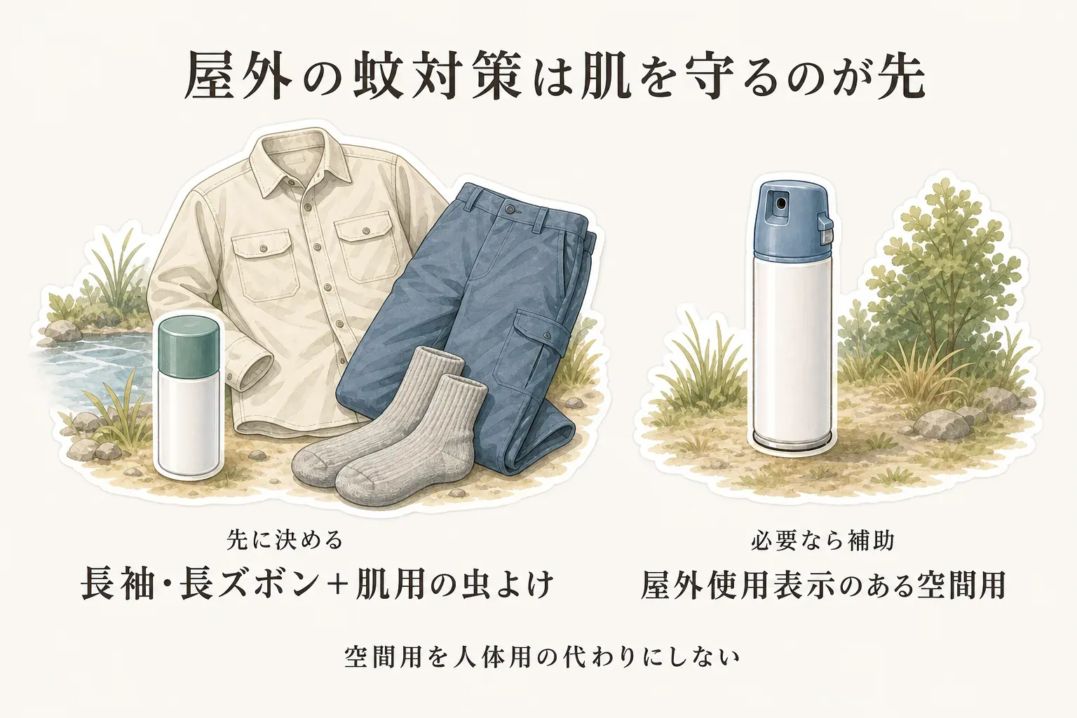 屋外の蚊対策では、長袖・長ズボン・靴下と肌用の虫よけを先に決め、必要な場合だけ屋外使用表示のある空間用虫よけを補助にし、空間用を人体用の代わりにしないことを示す図