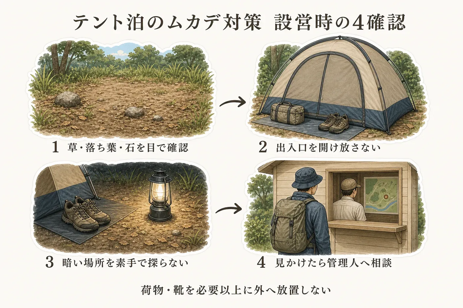 テント泊のムカデ対策として、草・落ち葉・石を目で確認する、出入口を開け放さず荷物と靴を外に放置しない、暗い場所を素手で探らない、見かけたら管理人へ相談する4項目を示す図