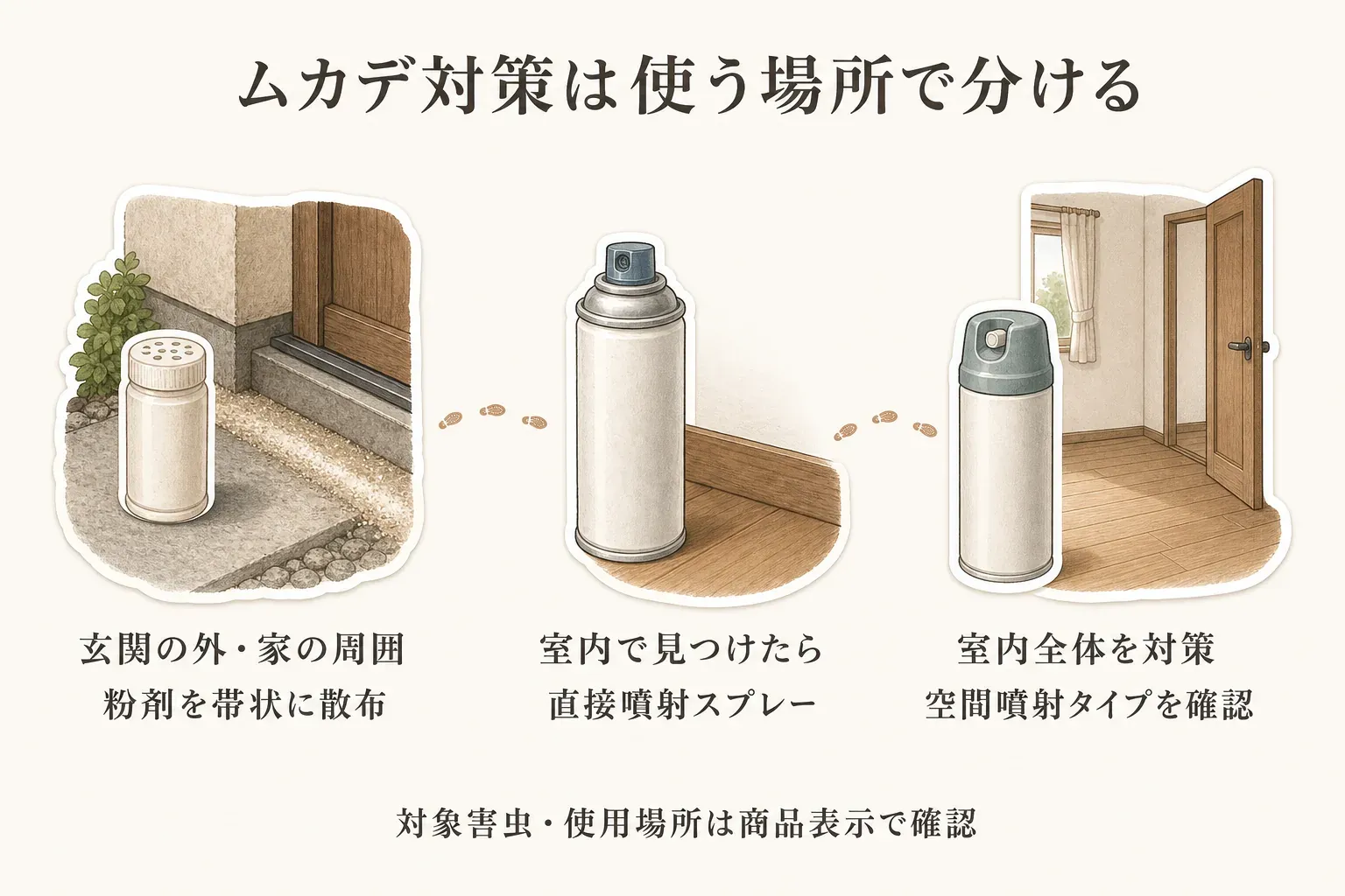 ムカデ対策を使う場所で分ける図。玄関の外・家の周囲では粉剤を帯状に散布し、室内で見つけたら直接噴射スプレー、室内全体を対策したい場合は空間噴射タイプを確認することと、対象害虫・使用場所は商品表示で確認することを示している