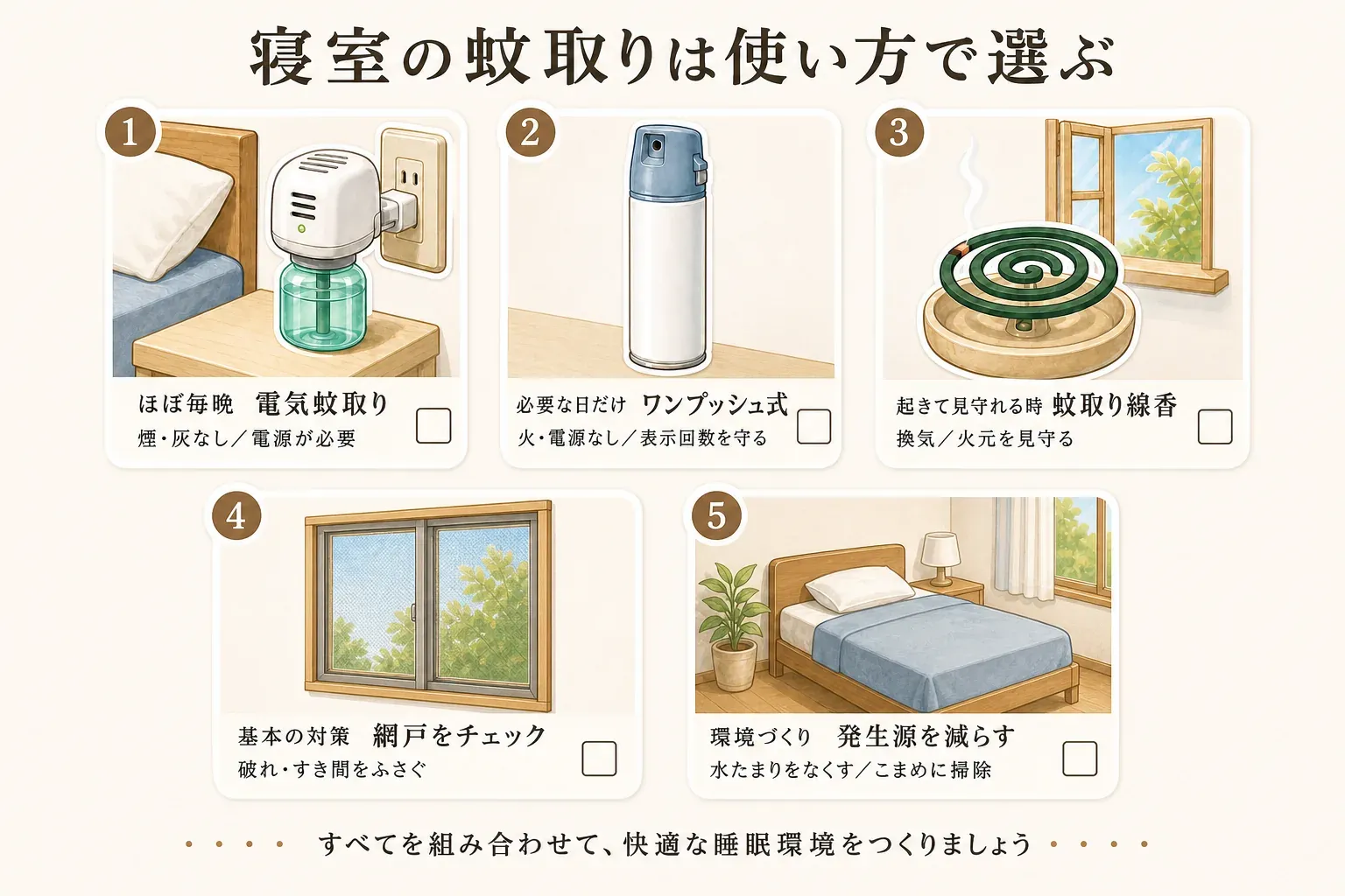 寝室の蚊取りを使い方で選ぶ5項目を示す図。ほぼ毎晩なら電気蚊取り、必要な日だけならワンプッシュ式、起きて見守れるときは蚊取り線香を選び、網戸の破れや隙間を確認して水たまりをなくしこまめに掃除することを描いている