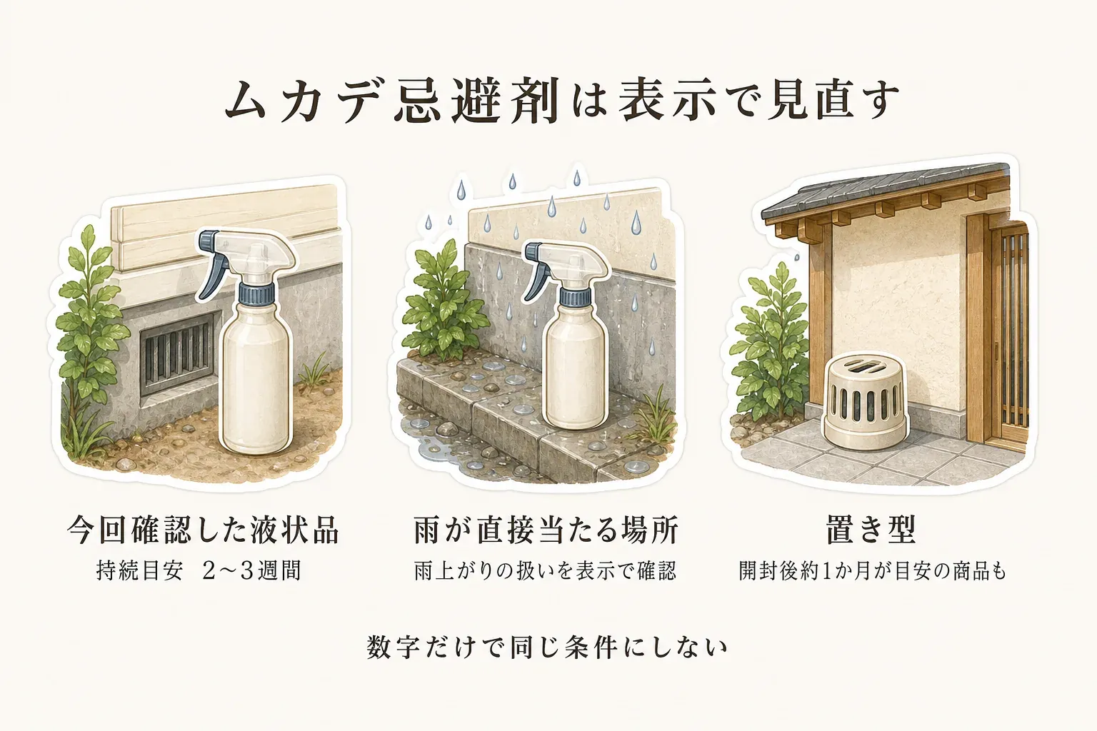 液状スプレーは持続目安が2〜3週間、雨が直接当たる場所は雨上がりの扱いを商品表示で確認し、置き型には開封後約1か月が目安の商品もあること、数字だけで同じ条件にしないことを示した図。出典：楽天の商品説明