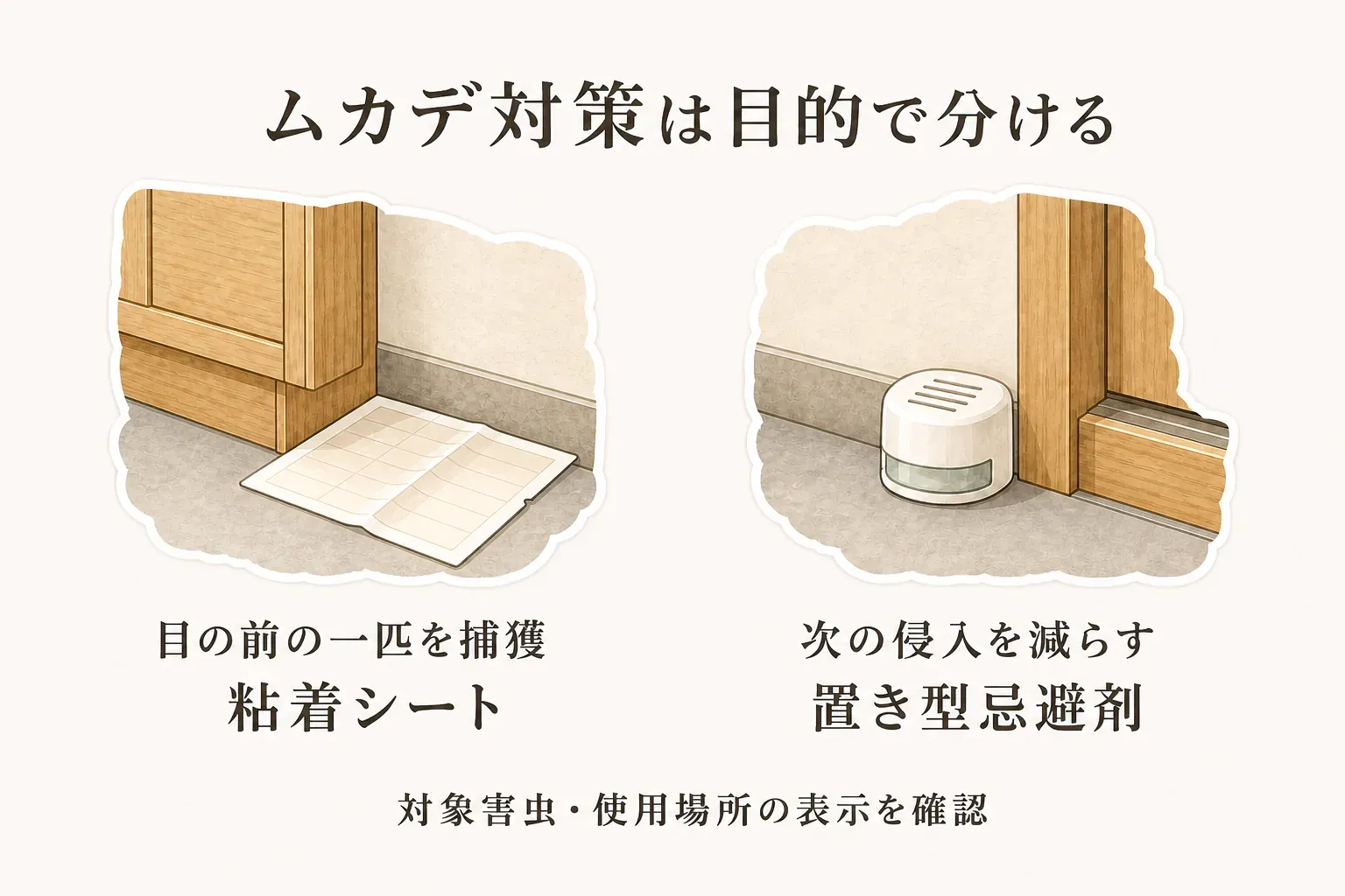 ムカデ対策を目的で分ける図。玄関の靴箱付近に置いた粘着シートは目の前の一匹を捕獲する用途、玄関ドア付近に置いた置き型忌避剤は次の侵入を減らす用途として示し、対象害虫と使用場所の表示を確認するよう案内している