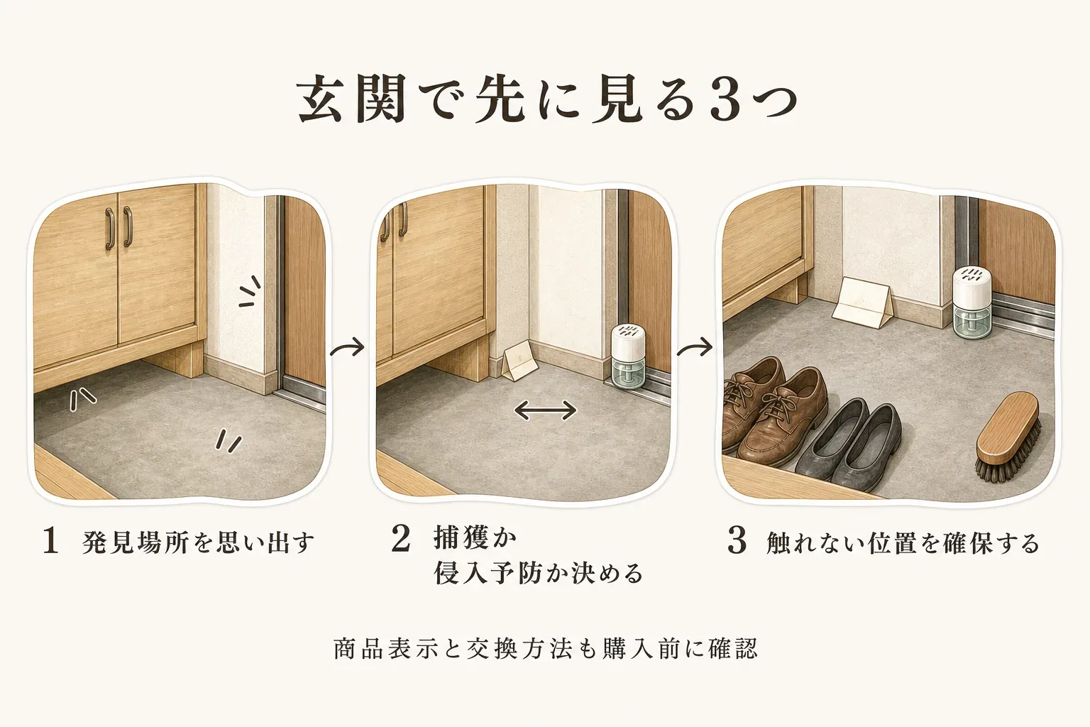 玄関で購入前に見る3点を示す図。靴箱の下・壁ぎわ・玄関ドア下などの発見場所を思い出し、粘着シートで捕獲するか置き型忌避剤で侵入予防するかを決め、靴や掃除道具、子どもやペットが触れない位置を確保する流れを描いている。商品表示と交換方法も購入前に確認する