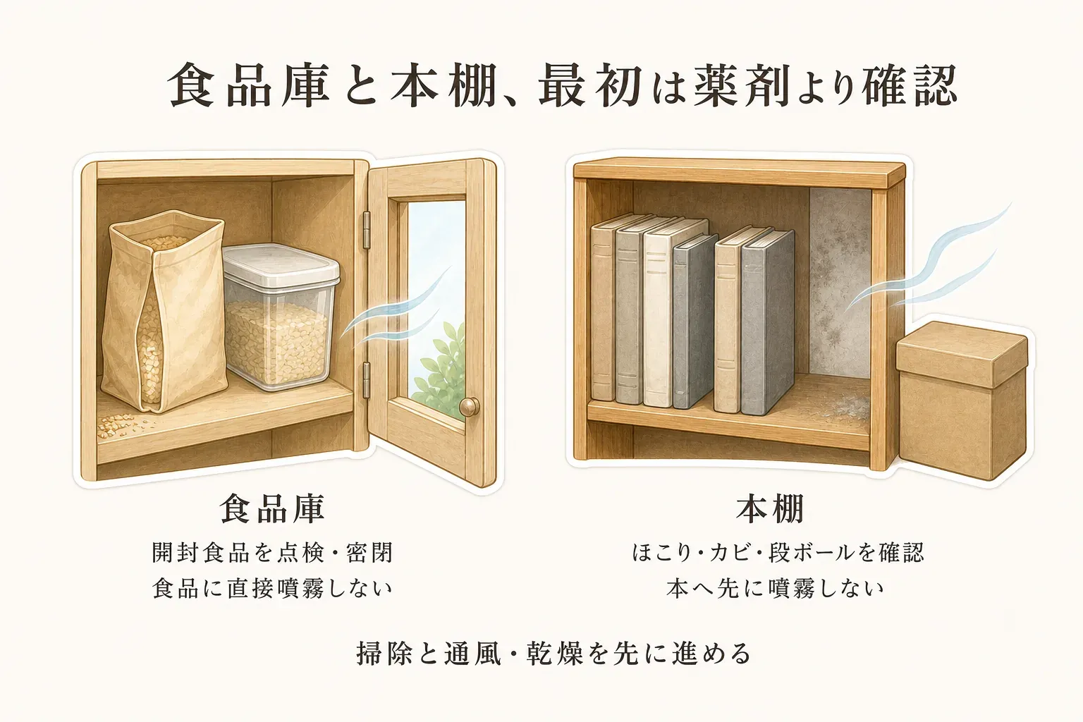 食品庫と本棚で薬剤より先に確認する内容を示す図。食品庫では開封食品を点検して密閉し食品へ直接噴霧しないこと、本棚ではほこり・カビ・段ボールを確認して本へ先に噴霧しないことを描き、両方で掃除・通風・乾燥を先に進めるとしている