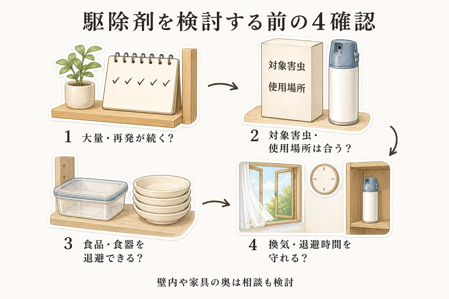 駆除剤を検討する前の4確認を示す図。大量発生や再発が続くか、対象害虫と使用場所が合うか、食品と食器を退避できるか、換気と退避時間を守れるかを順に確認し、壁内や家具の奥は相談も検討する流れを描いている