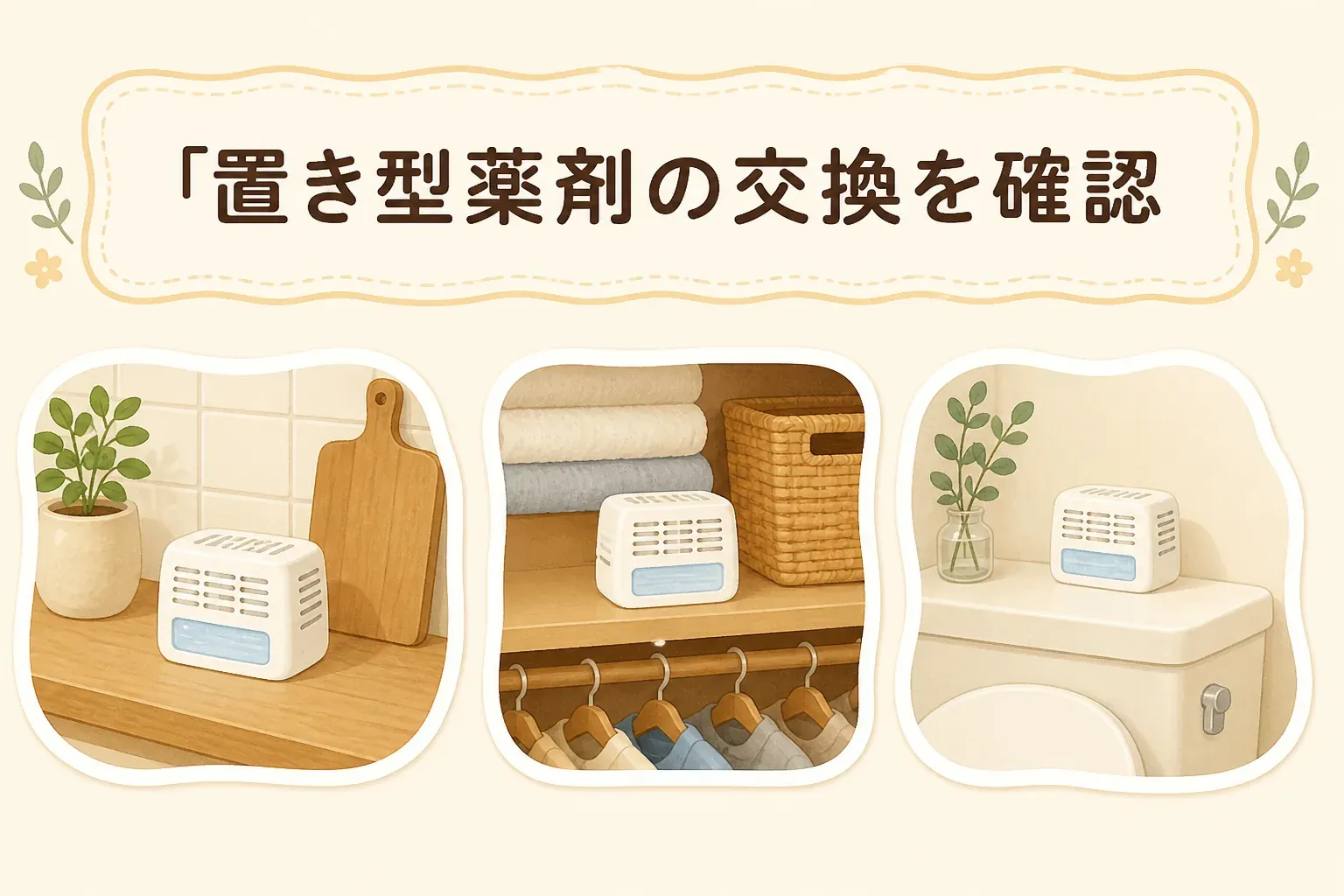 置き型薬剤の交換確認を示す図。台所の作業台、収納棚、トイレの上に置かれた容器を描いている