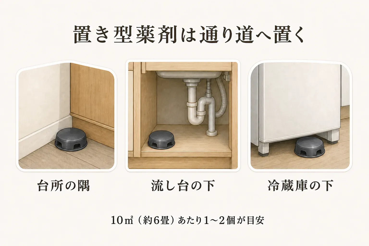 置き型薬剤をゴキブリの通り道へ置く例として、台所の隅、流し台の下、冷蔵庫の下を示す図。10平方メートル（約6畳）あたり1〜2個が目安と記載されている