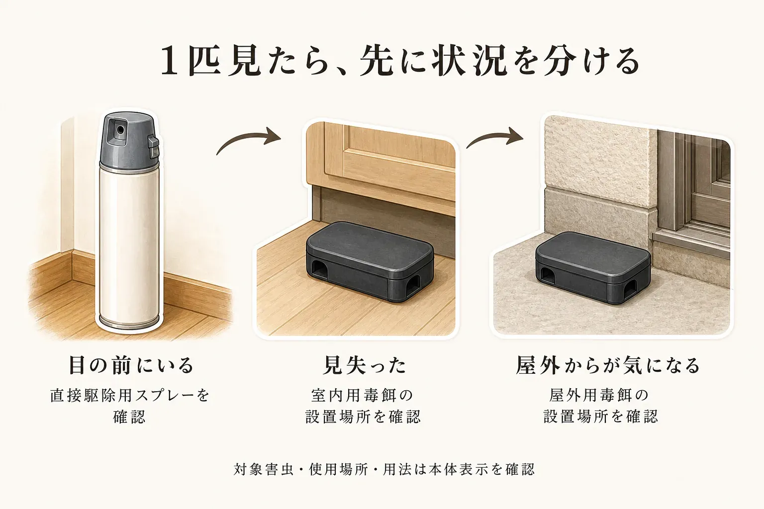 ゴキブリを1匹見たときの状況分けを示す図。目の前にいる場合は直接駆除用スプレーを確認し、見失った場合は室内用毒餌の設置場所を確認し、屋外からの侵入が気になる場合は屋外用毒餌の設置場所を確認する。対象害虫・使用場所・用法は本体表示を確認する