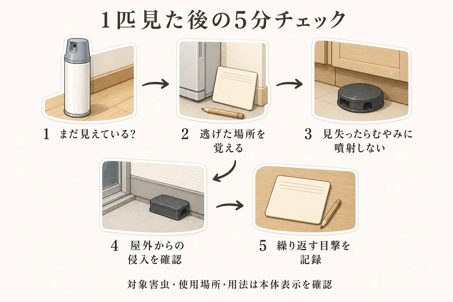 ゴキブリを1匹見た後の5分チェックを示す図。まだ見えているか確認し、逃げた場所を覚え、見失ったらむやみに噴射せず、屋外からの侵入を確認し、繰り返す目撃を記録する流れ。対象害虫・使用場所・用法は本体表示を確認する