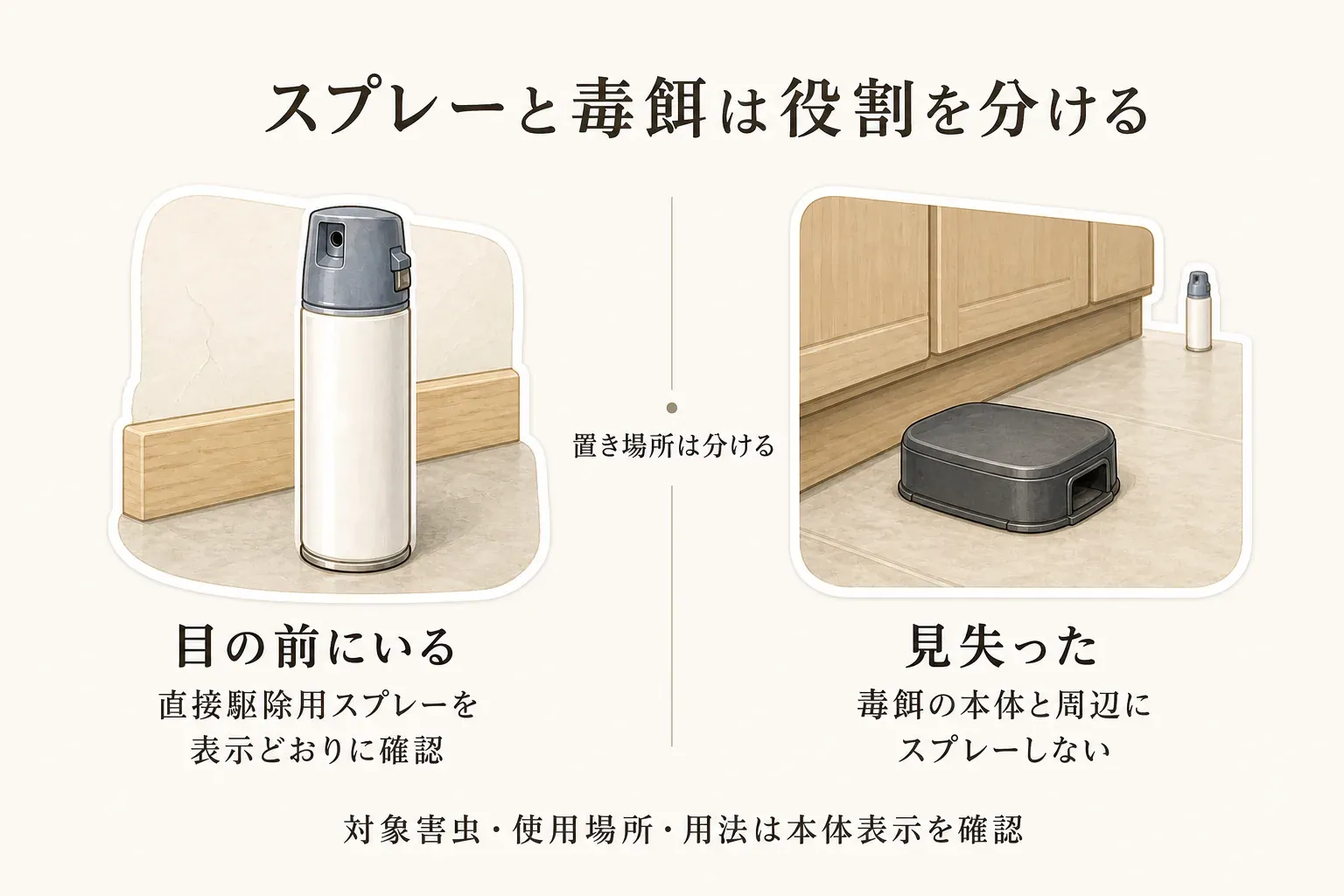 スプレーと毒餌の役割分担を示す図。目の前にいるゴキブリには直接駆除用スプレーを表示どおりに確認し、見失った場合は毒餌の本体と周辺にスプレーしないよう置き場所を分ける。対象害虫・使用場所・用法は本体表示を確認する