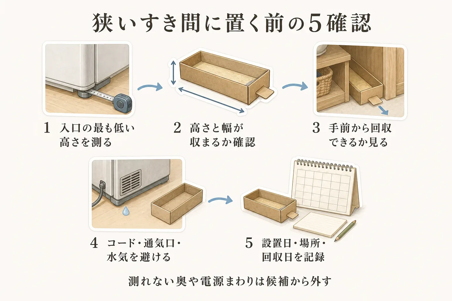 冷蔵庫下や棚の隙間へ粘着シートを置く前の5確認を示す図。入口の最も低い高さを測る、トラップの高さと幅が収まるか確認する、手前から回収できるか見る、コード・通気口・水気を避ける、設置日・場所・回収日を記録する流れを描いている