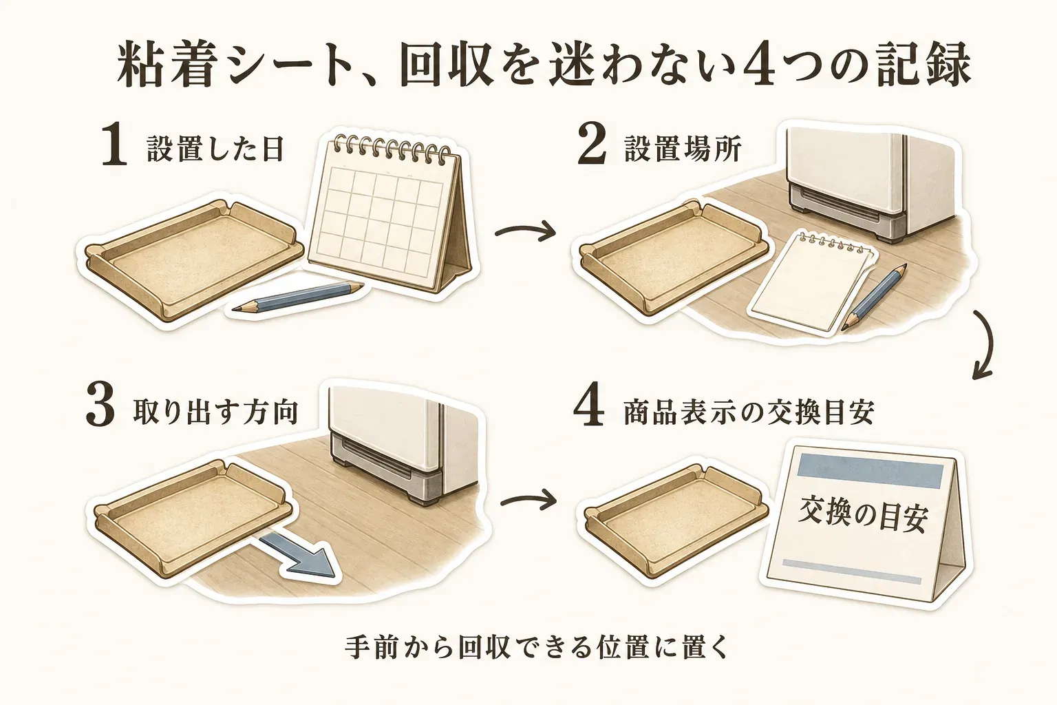 粘着シートの回収を忘れないため、設置した日、設置場所、取り出す方向、商品表示の交換目安の4項目を記録する図。冷蔵庫の手前から回収できる位置にトラップを置く様子を示している