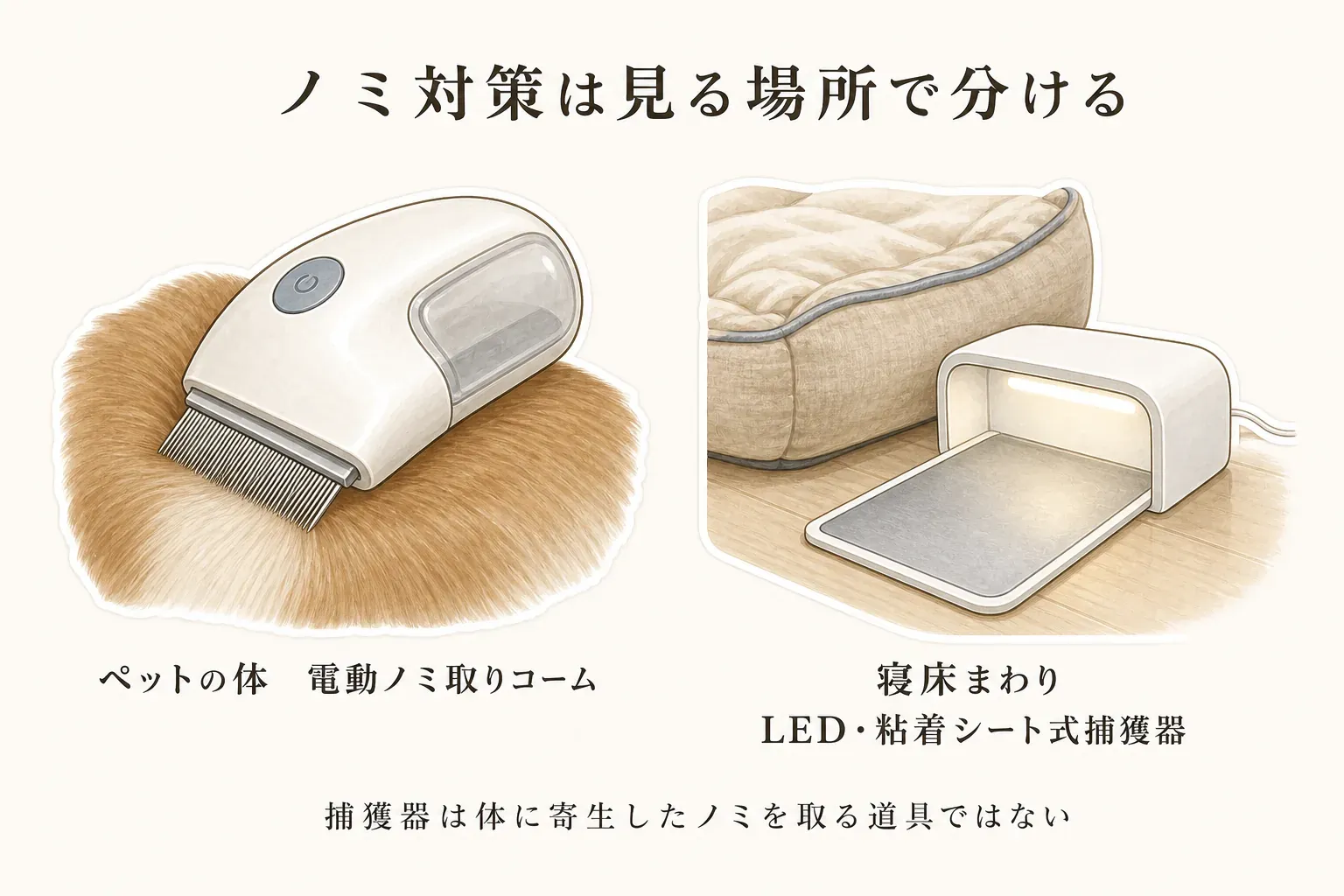 電動ノミ取りコームとノミ捕獲器の観察する場所と役割の違いを示す図。電動ノミ取りコームはペットの被毛を確認する補助用品、LED・粘着シート式のノミ捕獲器は寝床や室内にいる成虫を観察する用品で、捕獲器はペットに寄生したノミを取る道具ではないことを描いている