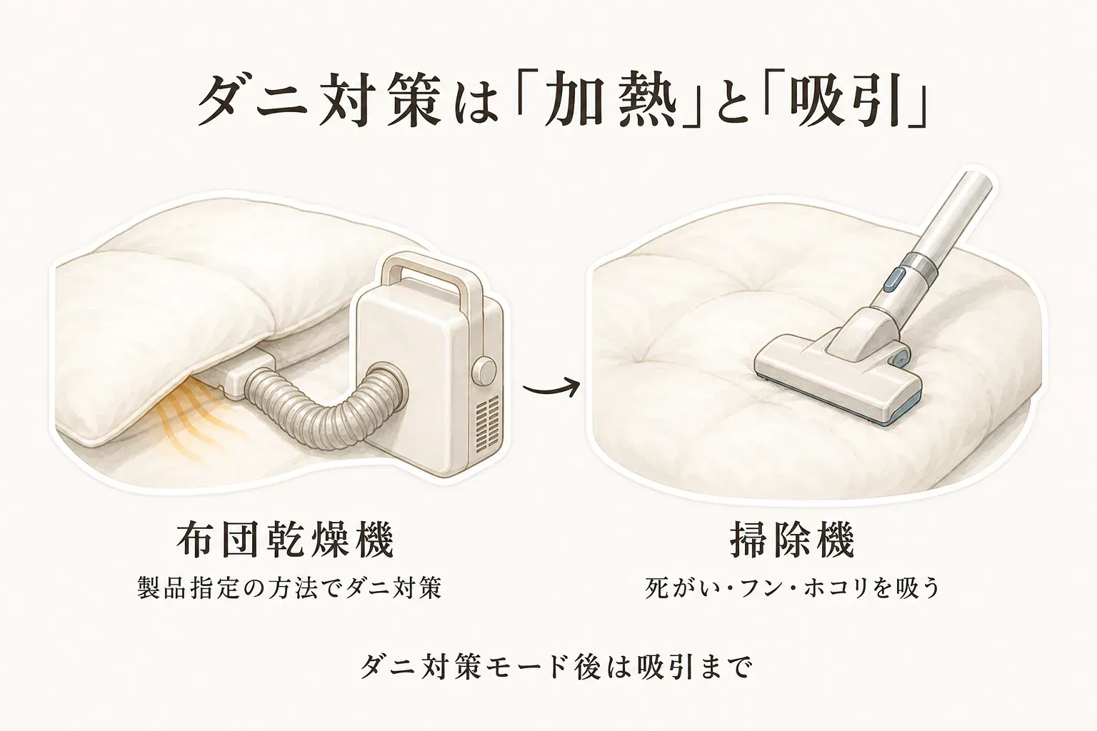 ダニ対策は加熱と吸引を組み合わせることを示す図。布団乾燥機で製品指定の方法によりダニ対策を行った後、掃除機で死がい・フン・ホコリを吸い取る流れを描いている