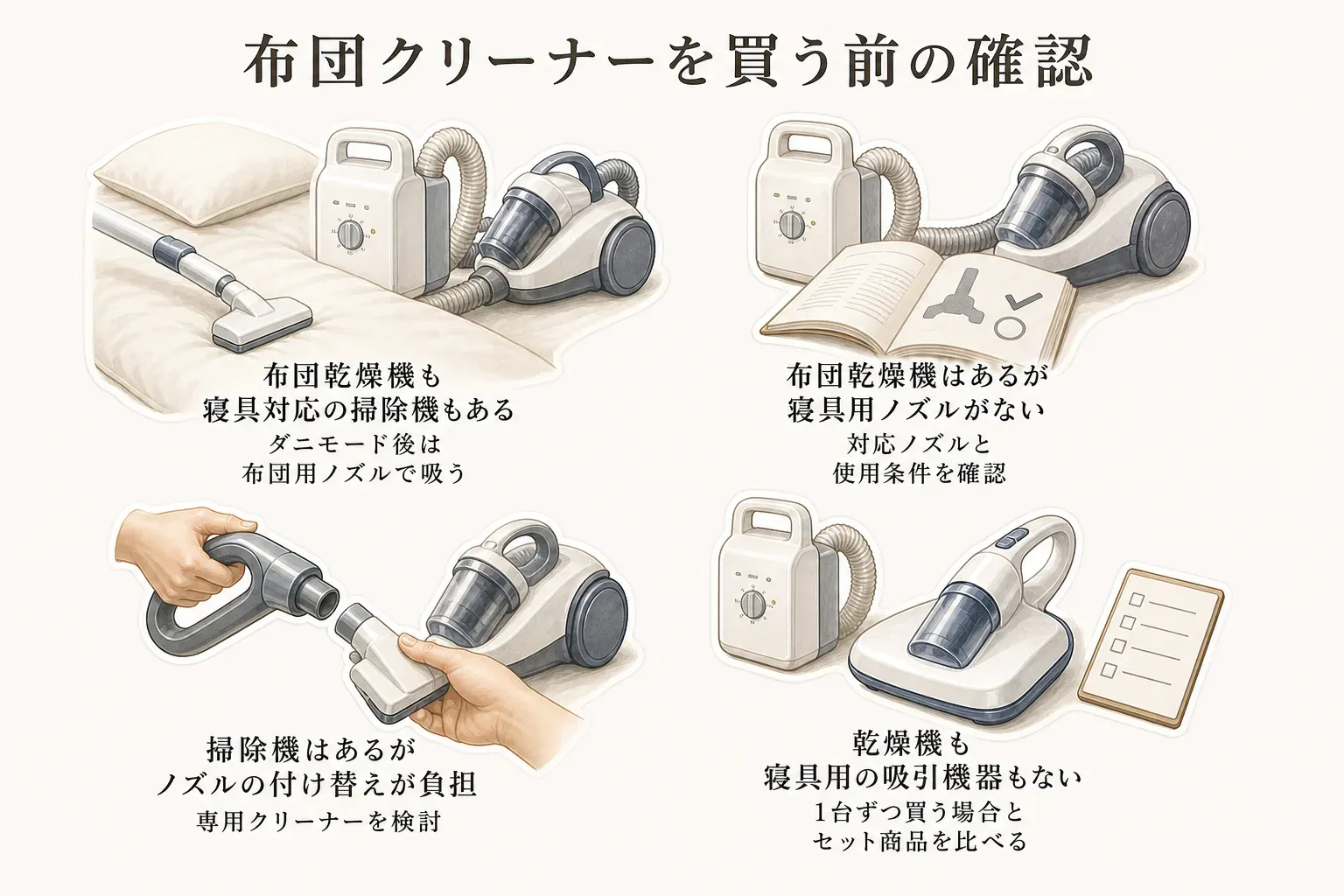 布団クリーナーを買う前の確認を4つの状況で示す図。布団乾燥機と寝具対応掃除機があれば布団用ノズルで吸う、乾燥機はあるがノズルがなければ対応ノズルと使用条件を確認する、ノズル交換が負担なら専用クリーナーを検討する、どちらもなければ1台ずつ買う場合とセット商品を比べる