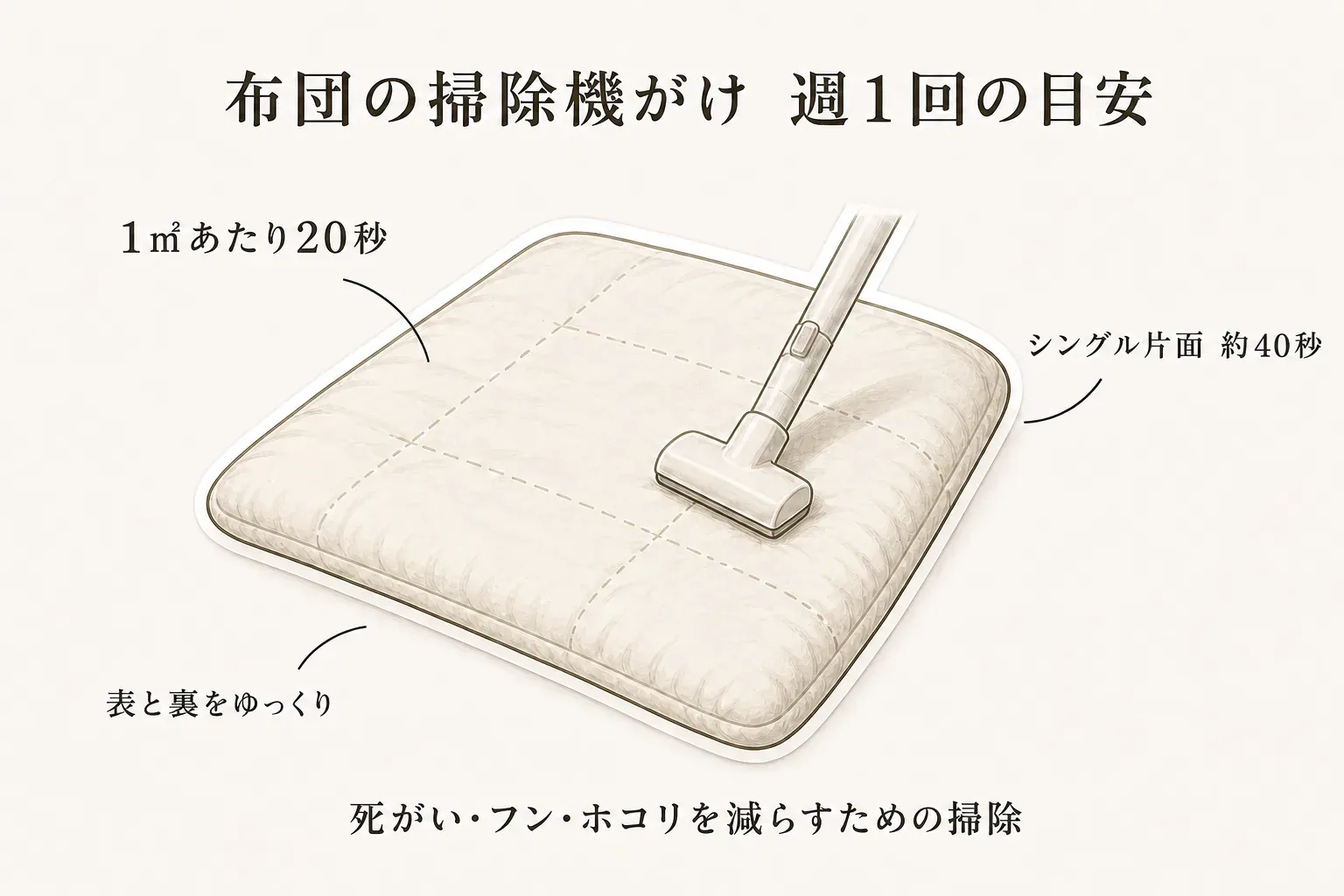 布団への掃除機がけの目安を示す図。週1回、布団の表と裏をゆっくり掃除機がけし、1平方メートルあたり20秒、シングルサイズの片面は約40秒を目安にする。死がい・フン・ホコリを減らすための掃除であることを示している。出典：東京都保健医療局「住まいの中のアレルゲン対策」