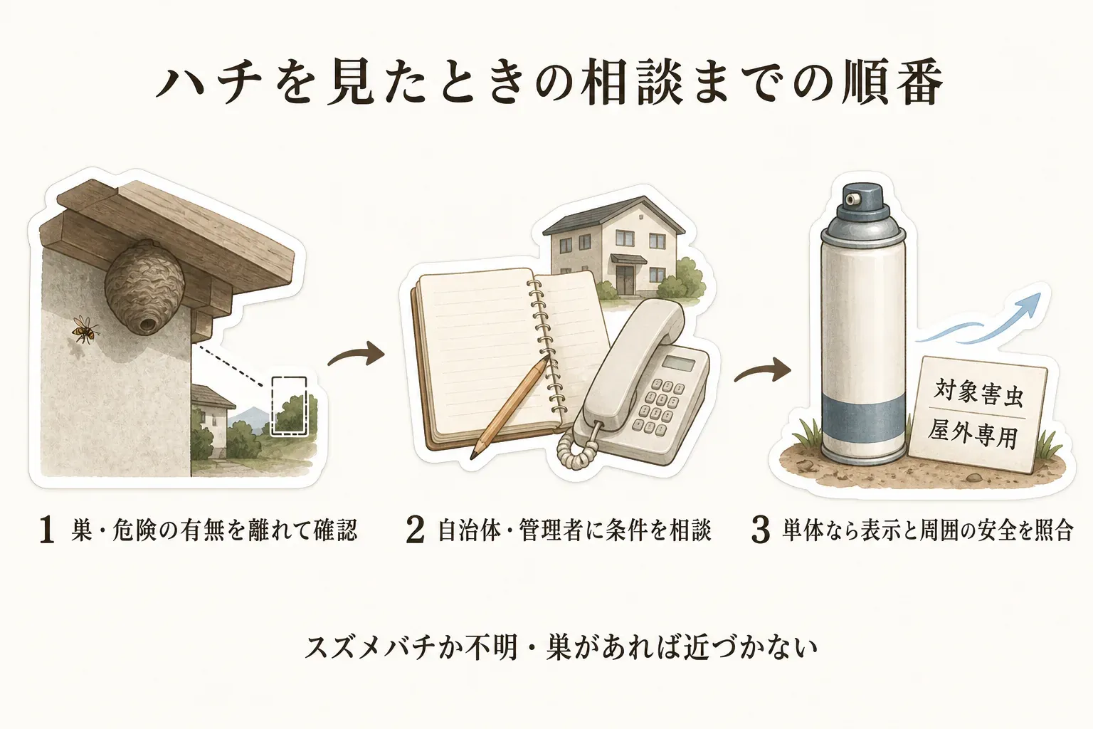 ハチを見たときの相談までの順番を示す図。巣や危険の有無を離れて確認し、自治体・管理者に条件を相談した後、単体のハチだけなら対象害虫・屋外専用の表示と周囲の安全を照合する流れを描いている。スズメバチか不明、または巣があれば近づかない