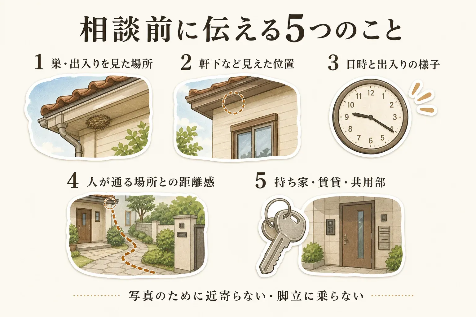 自治体や業者への相談前に伝える5つのことを示す図。巣やハチの出入りを見た場所、軒下などの見えた位置、日時と出入りの様子、人が通る場所との距離感、持ち家・賃貸・共用部の区分を描いている。写真のために近寄ったり脚立に乗ったりしないよう案内している