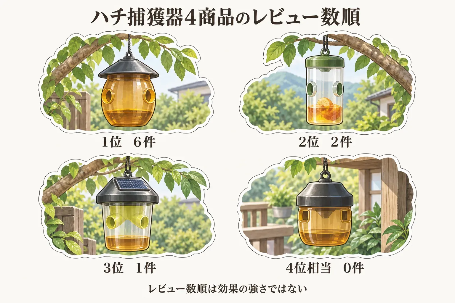 ハチ捕獲器4商品のレビュー数順を示す図。第1位は6件、第2位は2件、第3位は1件、第4位相当は0件であり、レビュー数順は効果の強さではないことを示している