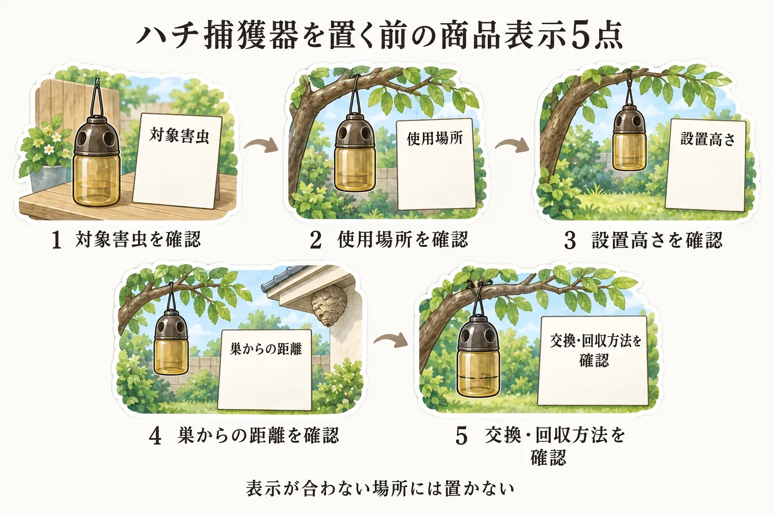 ハチ捕獲器を置く前に商品表示で確認する5点を示す図。対象害虫、使用場所、設置高さ、巣からの距離、交換・回収方法を確認し、表示が合わない場所には置かないよう示している