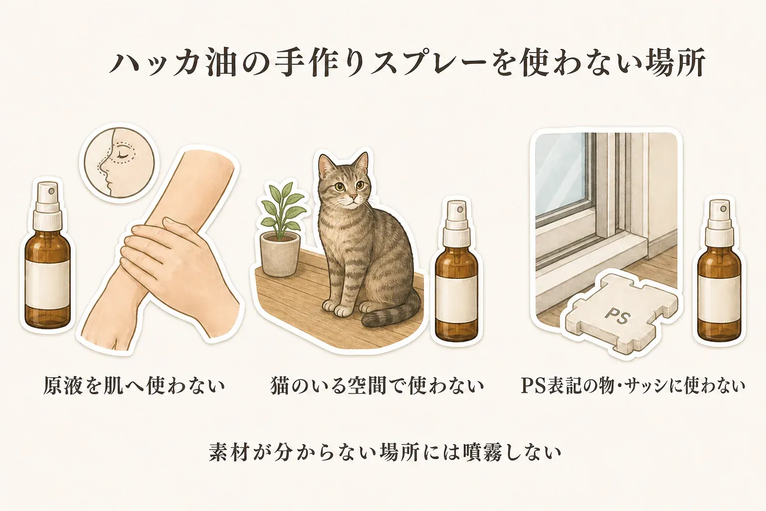 ハッカ油の手作りスプレーを使わない場所を示す図。原液を肌へ使わないこと、猫のいる空間で使わないこと、PS表記の物やサッシに使わないこと、素材が分からない場所へ噴霧しないことを描いている