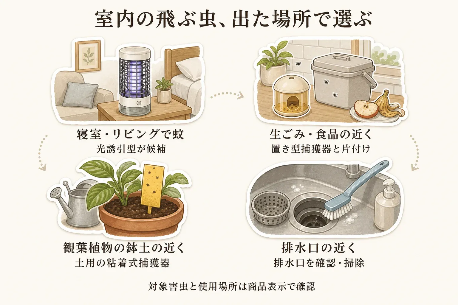 室内の飛ぶ虫を出た場所で選ぶ図。寝室・リビングの蚊には光誘引型、 生ごみ・食品の近くのコバエには置き型捕獲器と片付け、観葉植物の鉢土の近くには土用の粘着式捕獲器、排水口の近くには排水口の確認と掃除を示し、対象害虫と使用場所は商品表示で確認するよう案内している