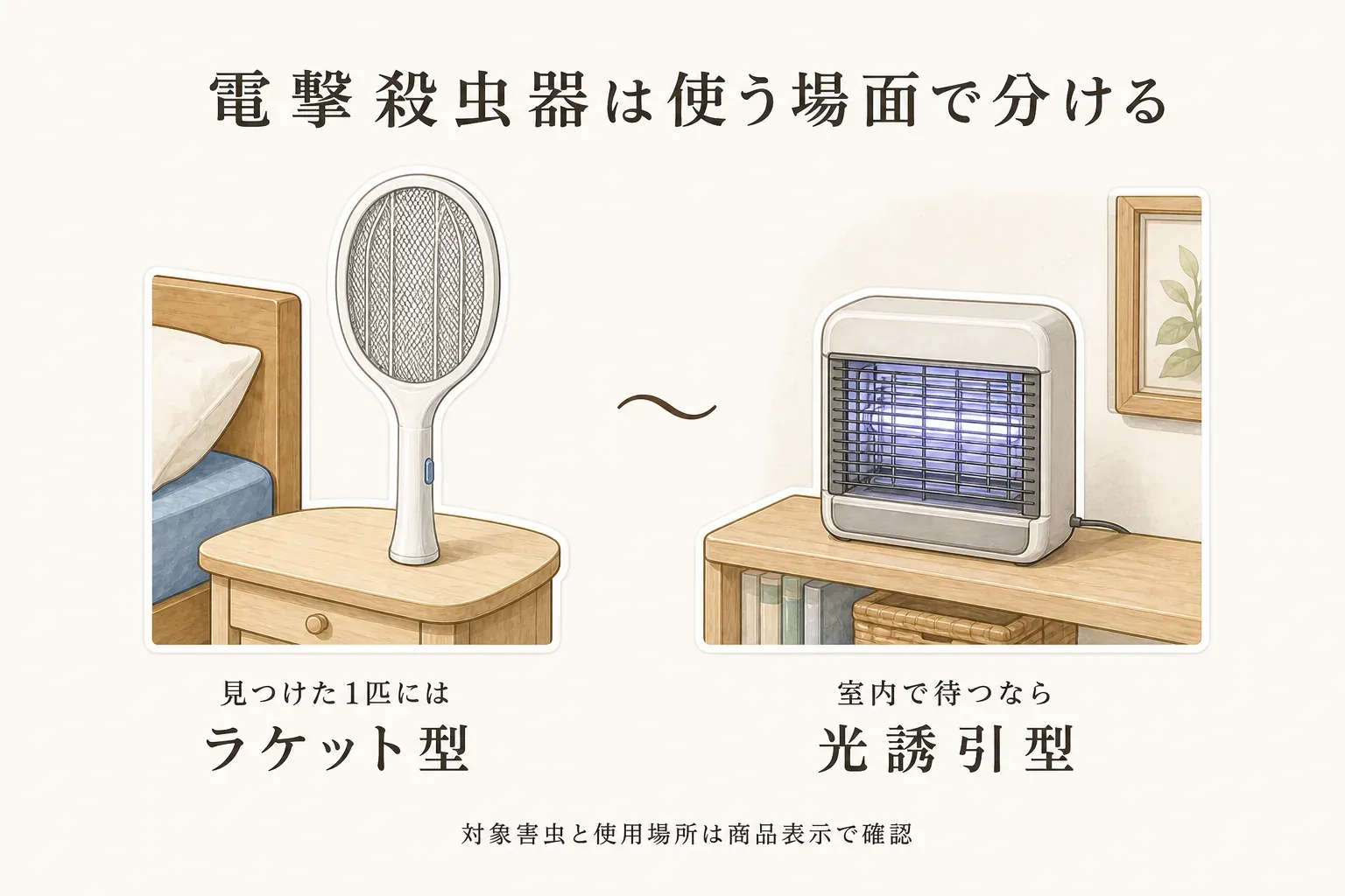 電撃殺虫器を使う場面の選び分けを示す図。寝室で見つけた1匹の蚊にはラケット型、室内に置いて待ち受ける場合は光誘引型を選び、対象害虫と使用場所は商品表示で確認することを描いている