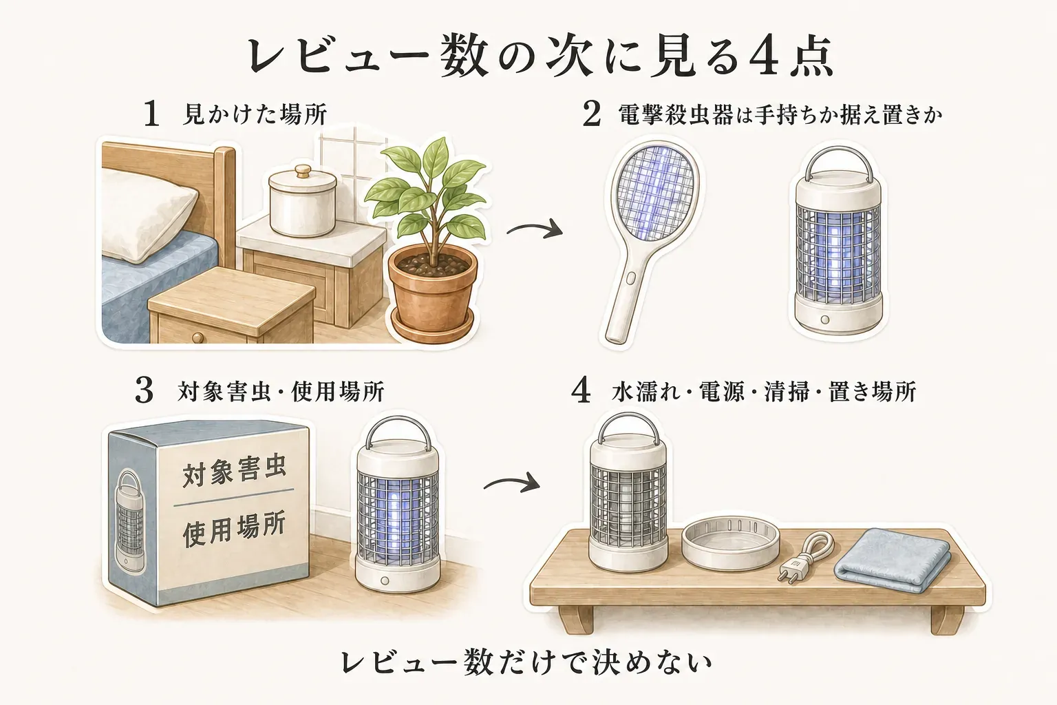 レビュー数の次に確認する4点を示す図。見かけた場所、電撃殺虫器が手持ち型か据え置き型か、商品表示の対象害虫と使用場所、水濡れ・電源・清掃・置き場所を順に確認し、レビュー数だけで決めないことを描いている