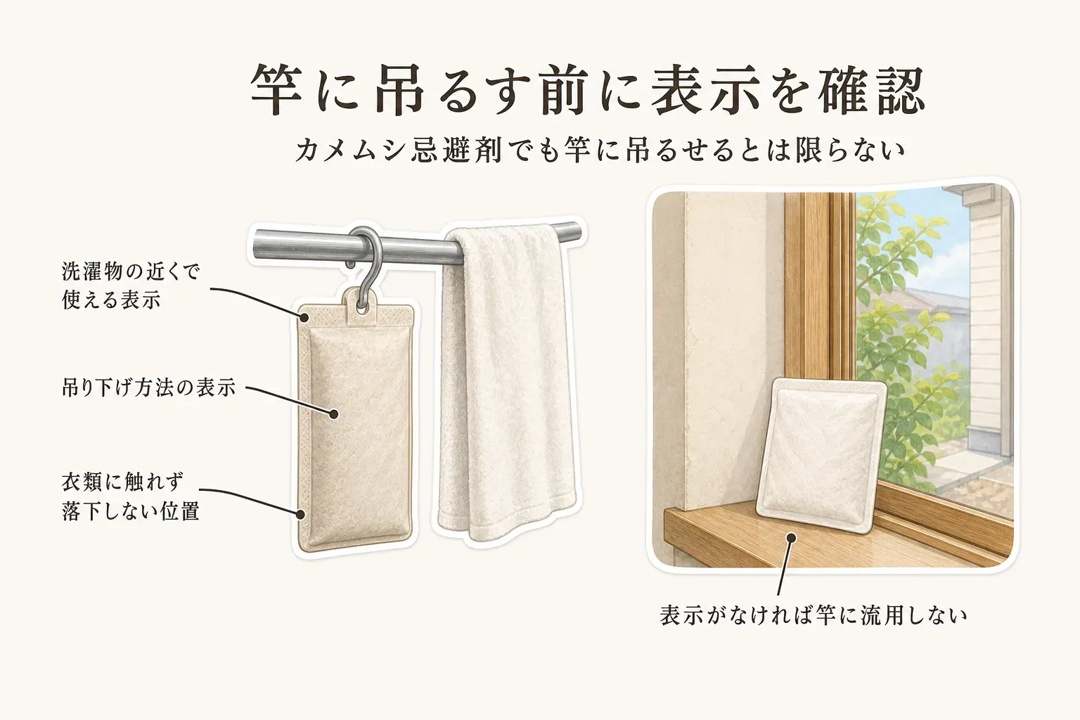 カメムシ忌避剤を物干し竿に吊るす前の表示確認を示す図。洗濯物の近くで使える表示と吊り下げ方法の表示を確認し、忌避剤が衣類に触れず落下しない位置へ吊るすことを示している。表示がなければ物干し竿へ流用せず、商品が示す設置場所で使う