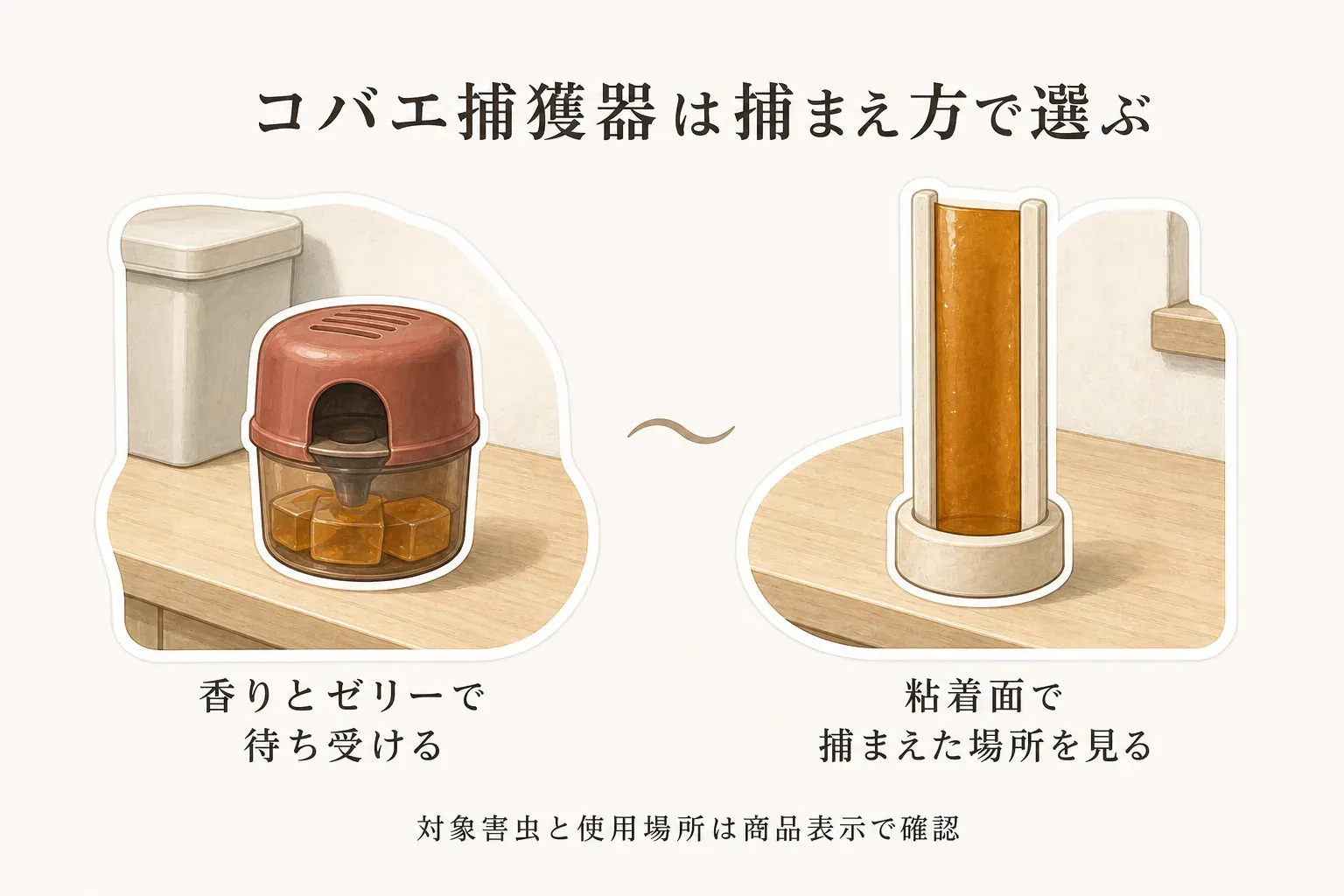 コバエ捕獲器の選び方を捕まえ方で比べる図。左は台所のごみ箱近くに置く容器型捕獲器で、香りとゼリーで待ち受ける方法、右は台座に立てた粘着棒で、粘着面に捕まった場所を確認する方法を描いている。対象害虫と使用場所は商品表示で確認する