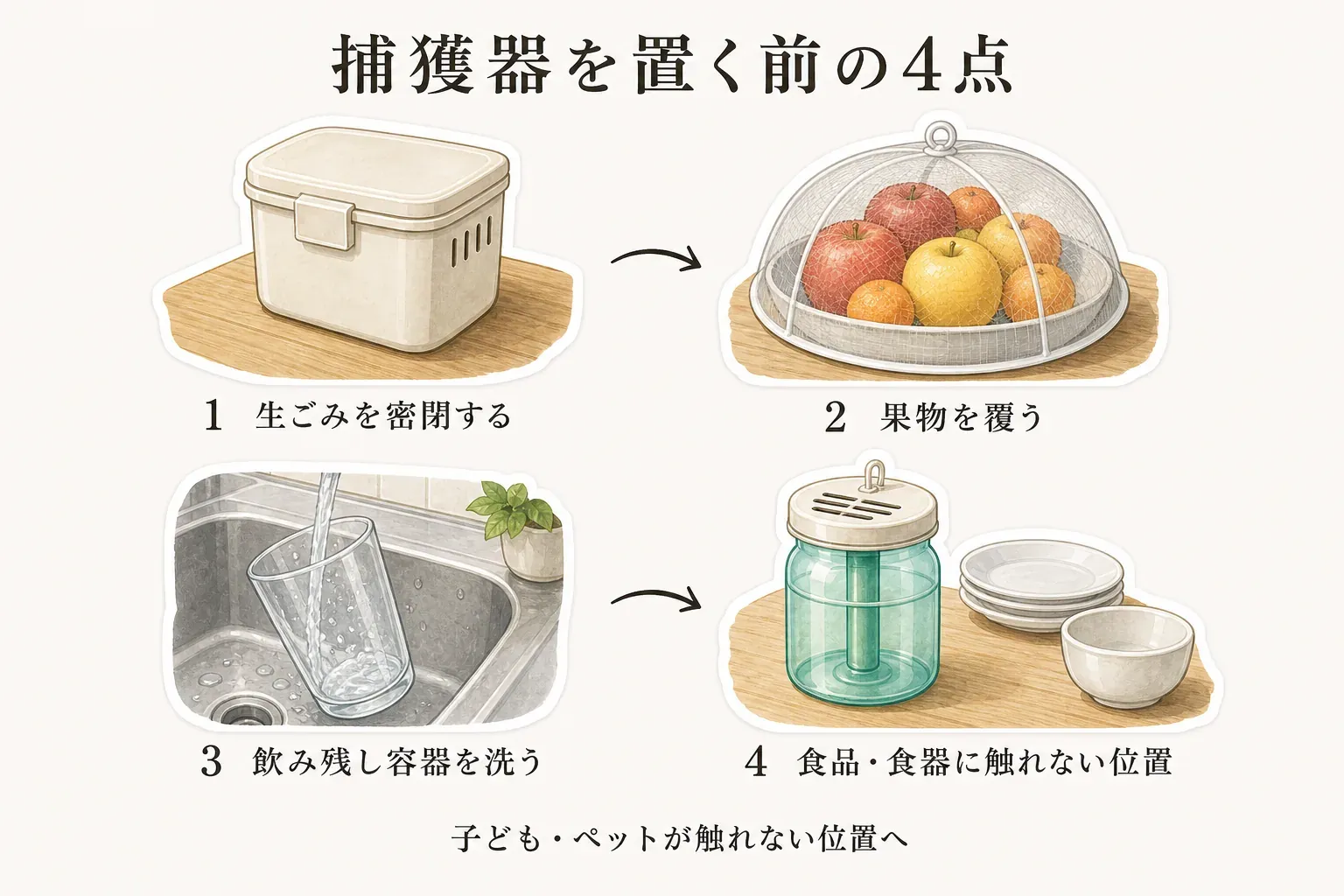 コバエ捕獲器を置く前の4点を示す図。生ごみを密閉する、果物を覆う、飲み残しの容器を洗う、捕獲器を食品・食器に触れない位置に置くことを描いている。子どもやペットが触れない位置に置くよう案内している