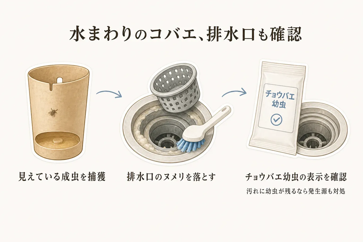 置き型のコバエ取りが対象の成虫を捕獲することと、排水口の汚れにいるチョウバエの幼虫へは別の発生源対策が必要なことを示す図