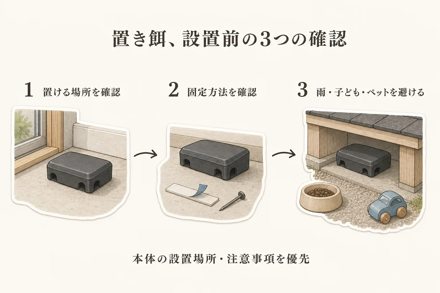 置き餌を設置する前の3つの確認を示す図。窓際など置ける場所を確認し、両面テープまたはピンで固定し、雨、子ども、ペットを避けるよう案内している。本体の設置場所と注意事項を優先する