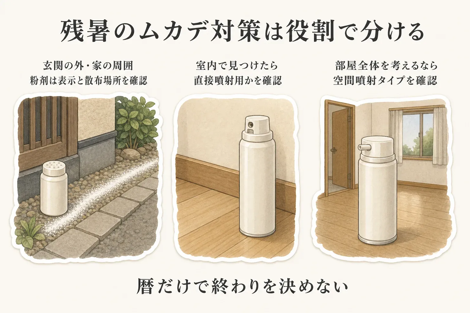残暑のムカデ対策を役割別に示す図。玄関の外・家の周囲では粉剤の表示と散布場所を確認し、室内で見つけた場合は直接噴射用スプレーを確認し、部屋全体を対象にする場合は空間噴射タイプを確認する。暦だけで対策の終了を決めないことを示している