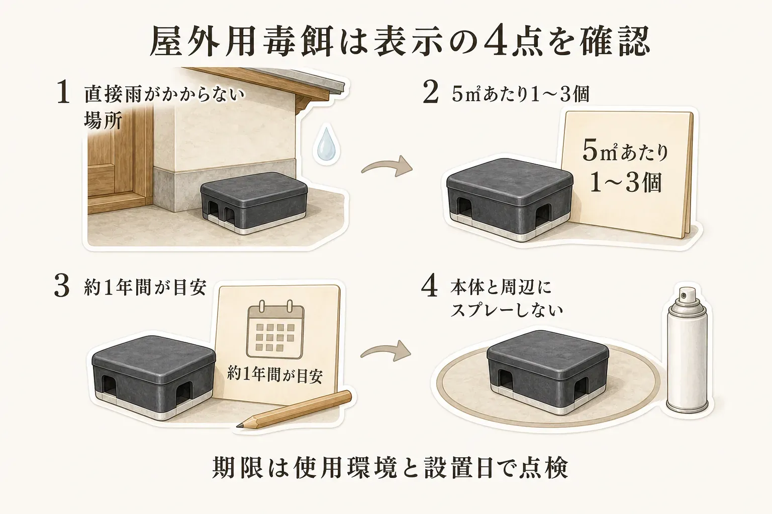 屋外用毒餌の商品表示で確認する4点を示す図。直接雨がかからない場所に置くこと、5平方メートルあたり1〜3個を目安にすること、約1年間を目安に設置日と使用環境を点検すること、本体と周辺にスプレーしないことを描いている