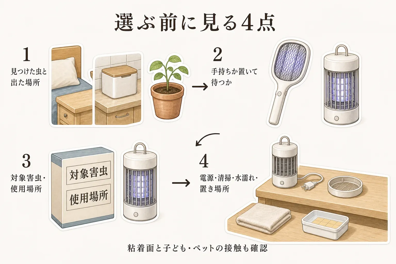 室内の蚊・コバエ対策用品を選ぶ前の4点確認を示す図。見つけた虫と出た場所、手持ち型か置いて待つ型か、対象害虫と使用場所の表示、電源・清掃・水濡れ・置き場所を順に確認し、粘着面と子ども・ペットの接触も確認するよう示している