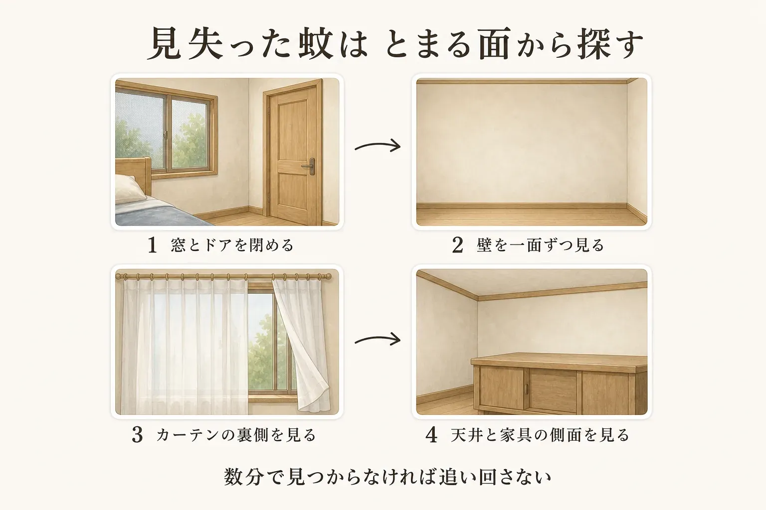 見失った蚊を探す手順を示す図。窓とドアを閉め、壁を一面ずつ見て、カーテンの裏側、天井と家具の側面を確認し、数分で見つからなければ追い回さないよう案内している