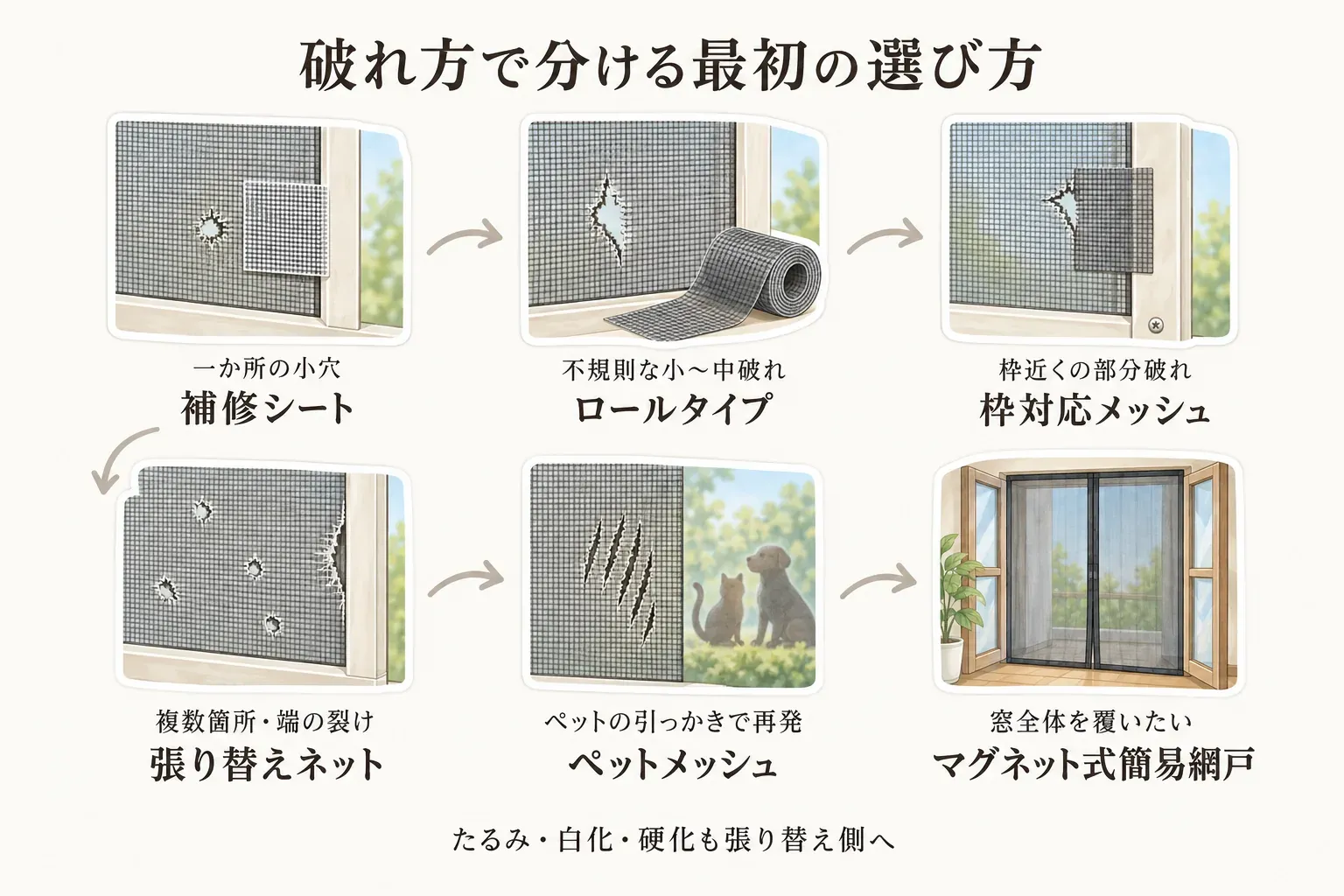 網戸の破れ方別に最初の補修方法を選ぶ図。一か所の小穴は補修シート、不規則な小〜中サイズの破れはロールタイプ、枠近くの部分破れは枠対応メッシュ、複数箇所や端の裂け、たるみ・白化・硬化は張り替えネット、ペットの引っかきによる再発はペットメッシュ、窓全体を覆いたい場合はマグネット式簡易網戸を示している